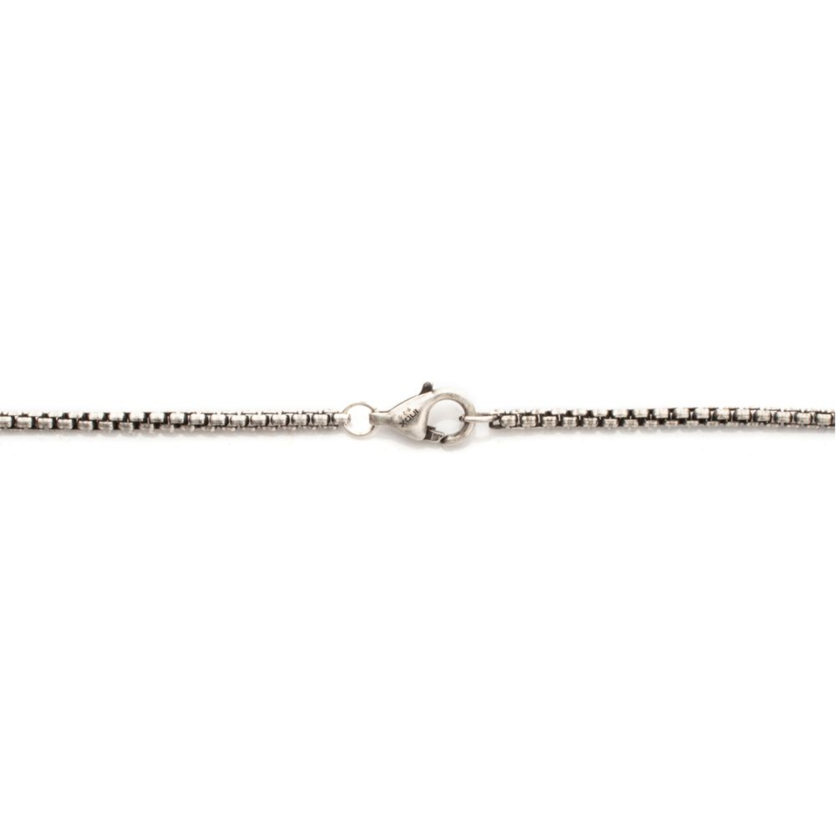 A close-up of a silver-toned box chain necklace with a lobster clasp, shown horizontally against a plain white background.