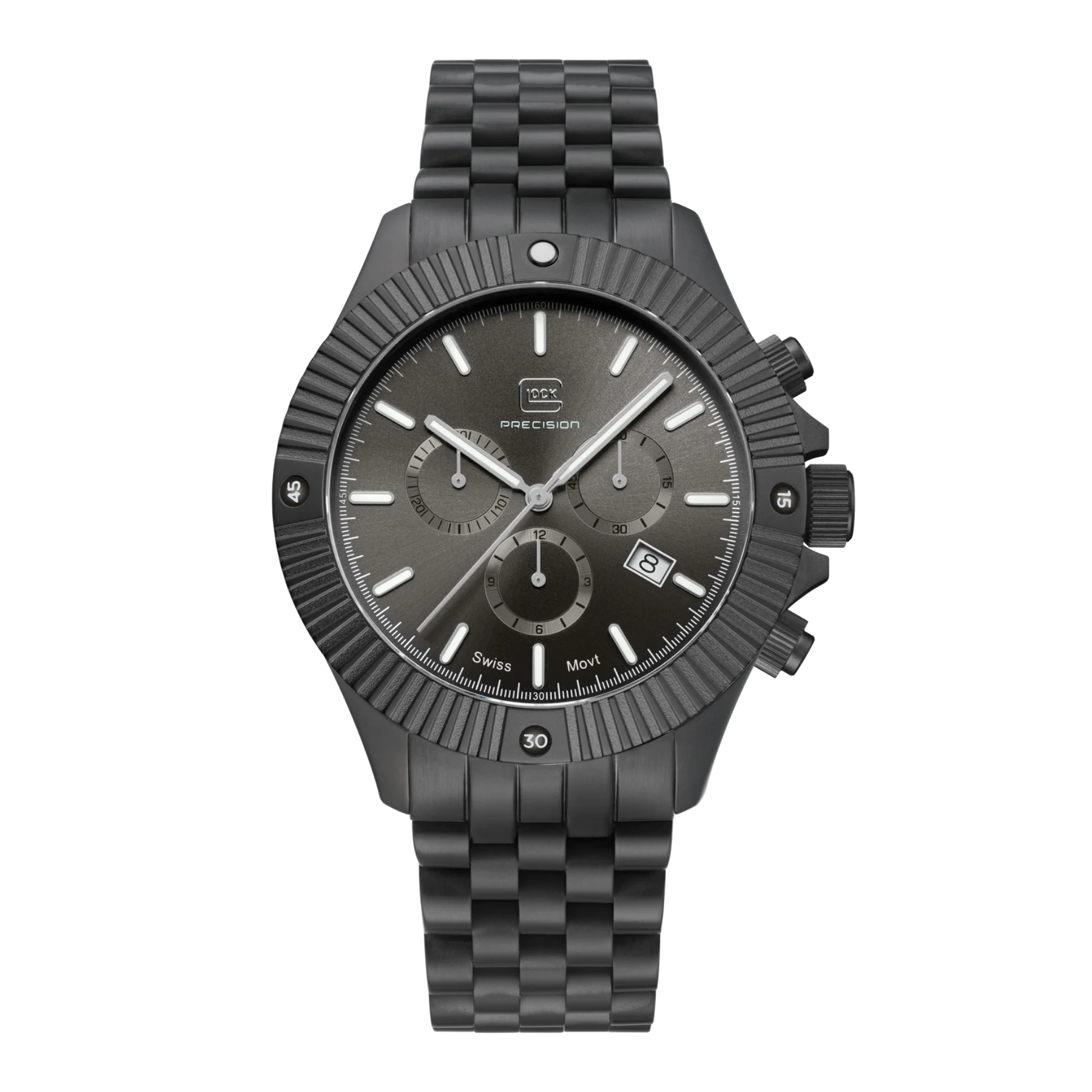 A Swatch Chrono watch with an all-black design, featuring a black dial, black bezel, and a black link bracelet, shown against a plain white background.