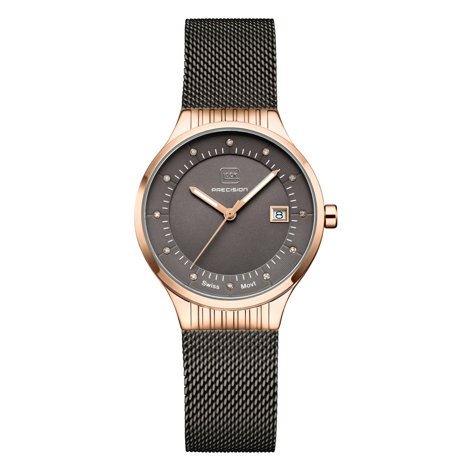 A women's analog watch featuring a rose gold case, a dark gray dial with a date window, and a black mesh strap, shown against a plain white background.