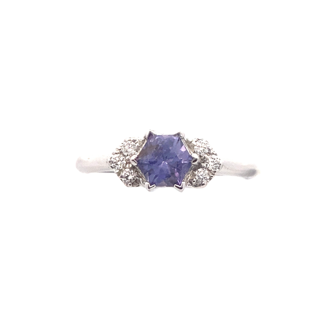 14K White Gold 3/4CT. Teal Hexagon-Cut Sapphire & 1/10CT. Diamond Accented Ring