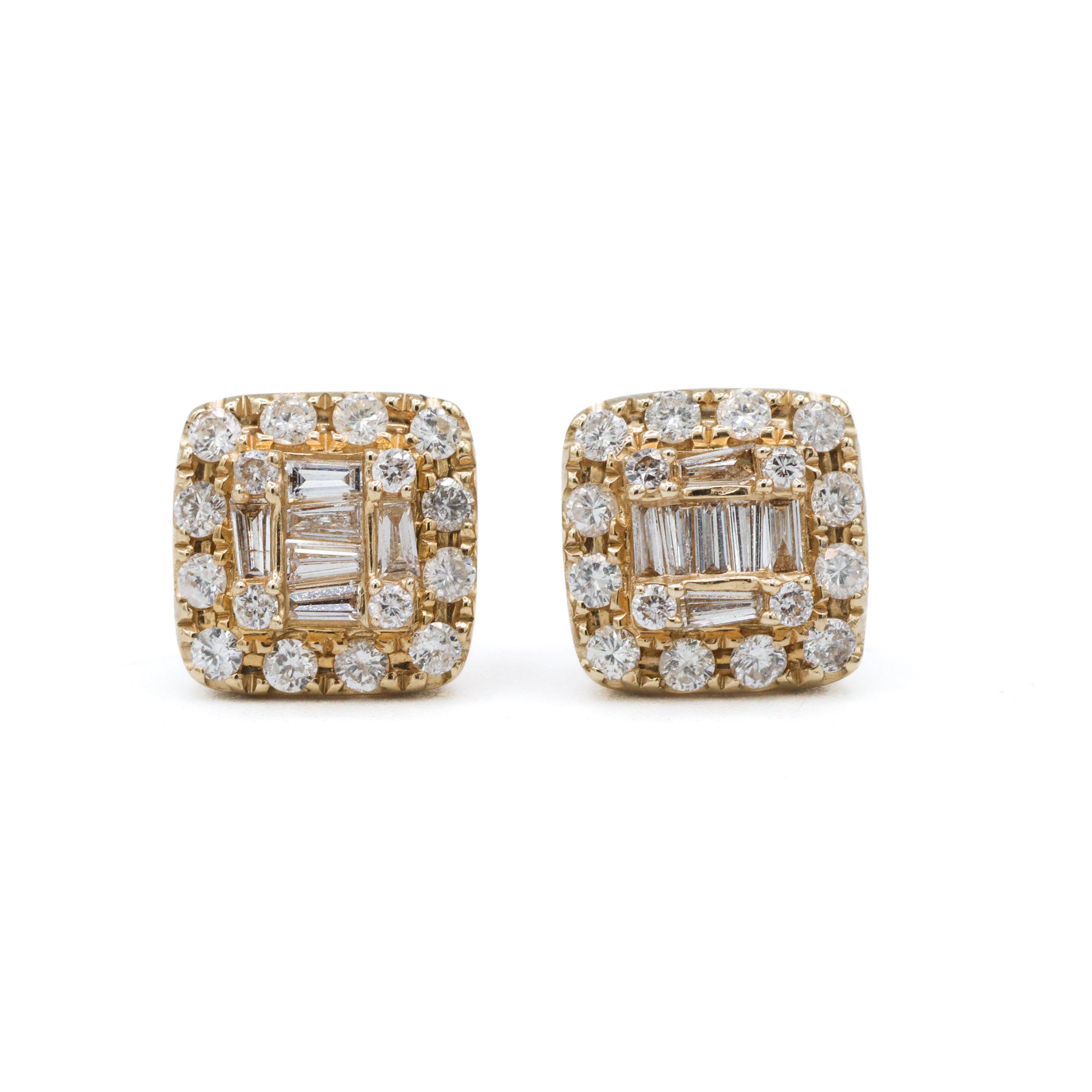 Baguette and Round Diamond Studs - 14K Yellow Gold 0.85CTW. Square Cushion Halo