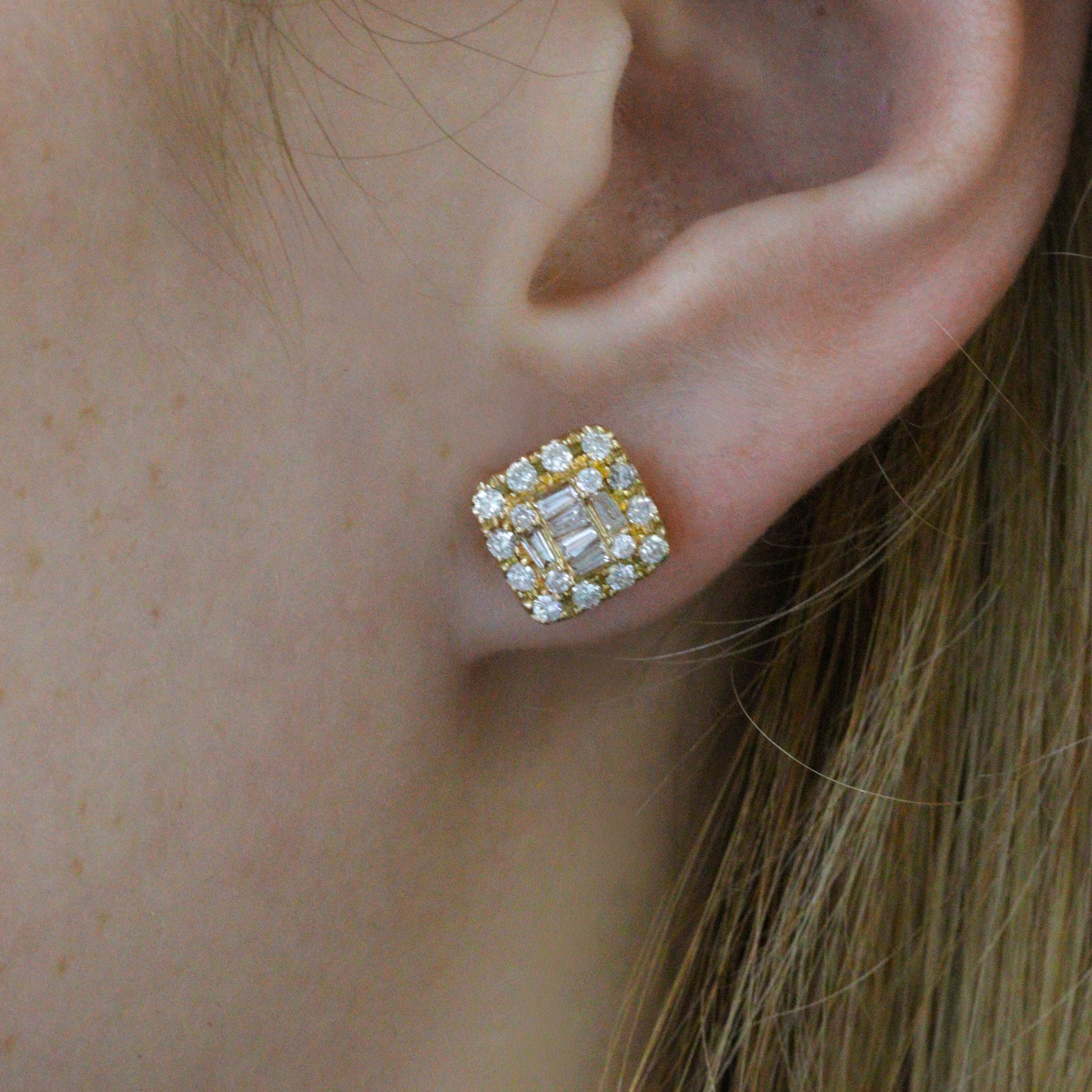 Baguette and Round Diamond Studs - 14K Yellow Gold 0.85CTW. Square Cushion Halo
