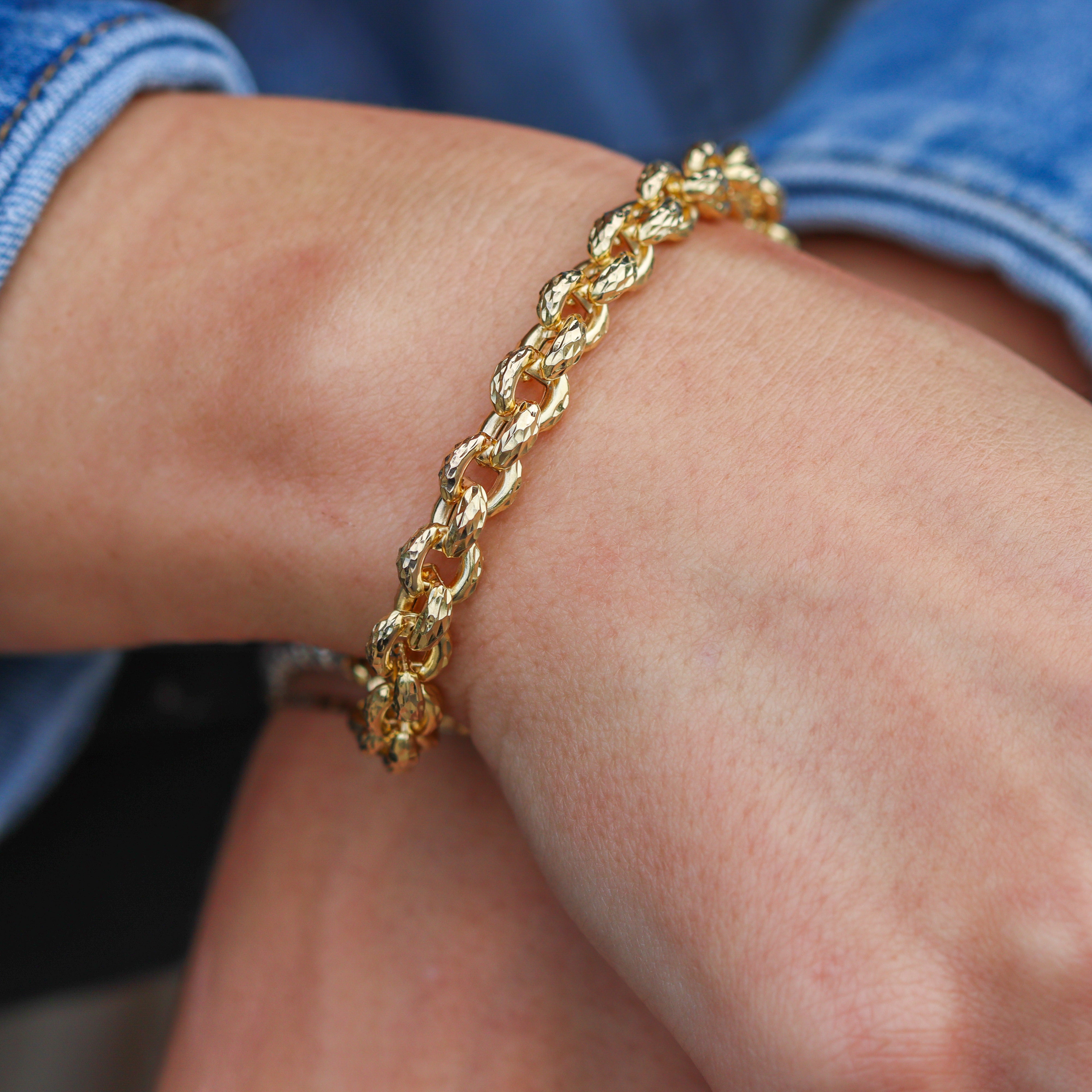 14K Yellow Gold Diamond-Cut Rolo Link Bracelet