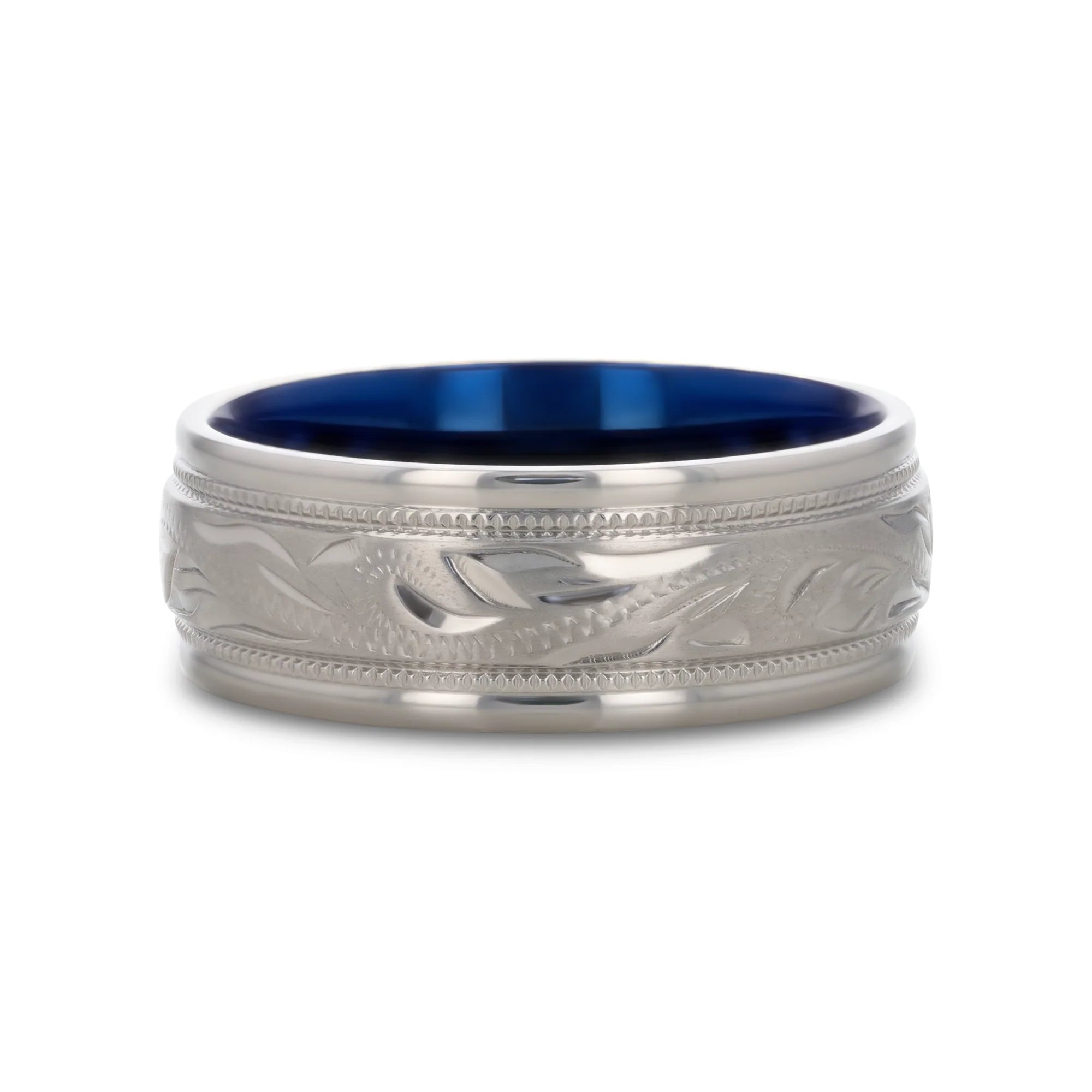 Thorsten "MARINER" Titanium Milgrain Engraved Finish 8MM Wedding Band with Blue Plating Inside