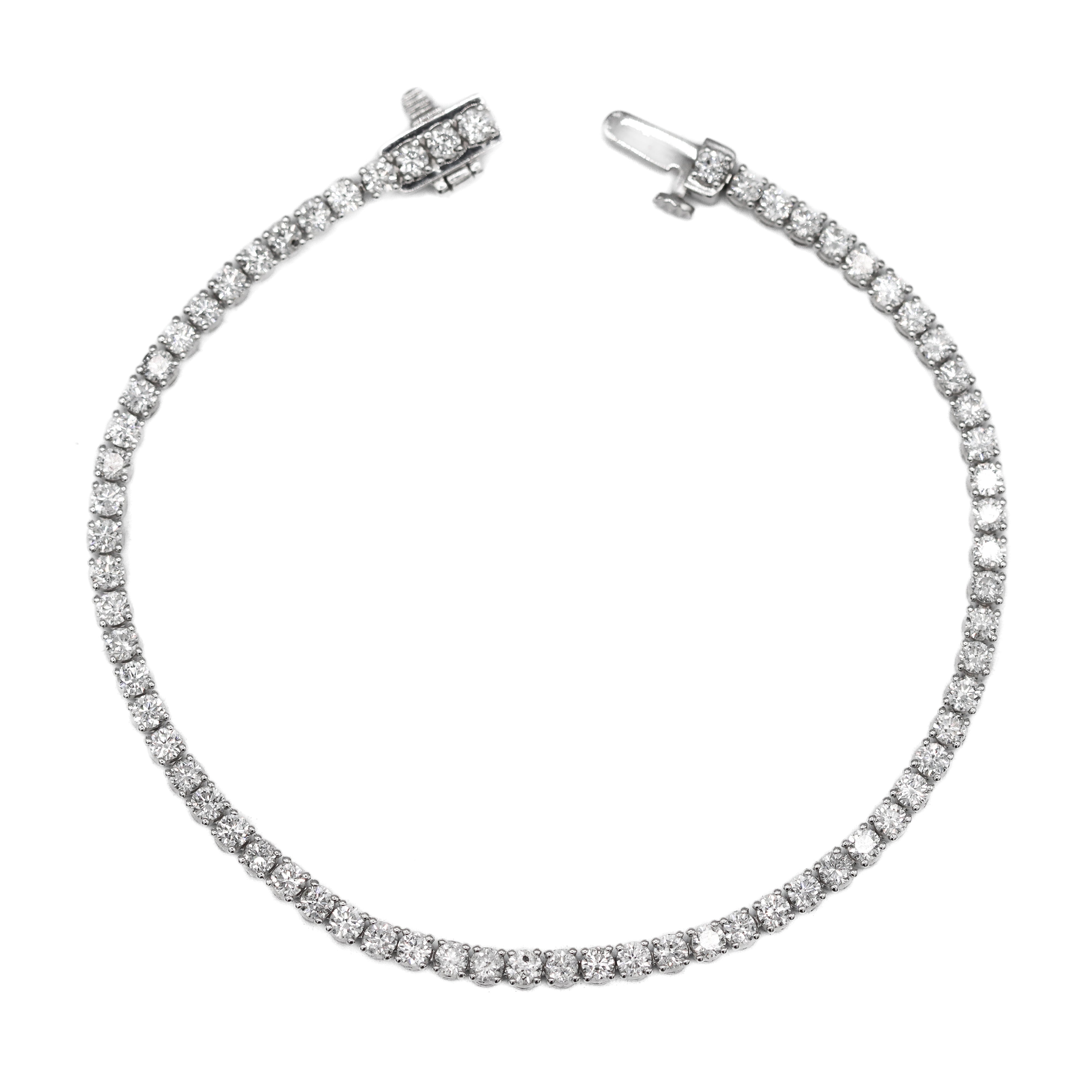 Open view of 14K White Gold 4CTW. Lab-Grown Diamond Tennis Bracelet on a white background.