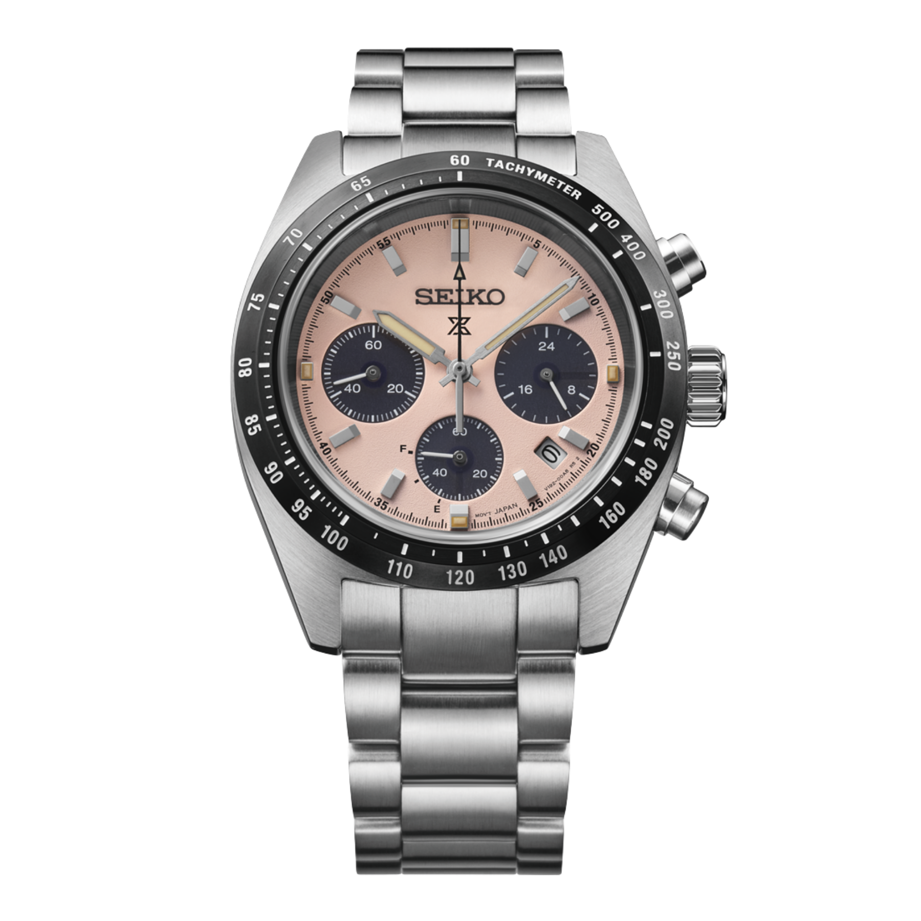 Silver Seiko watch with a detailed face on a white background