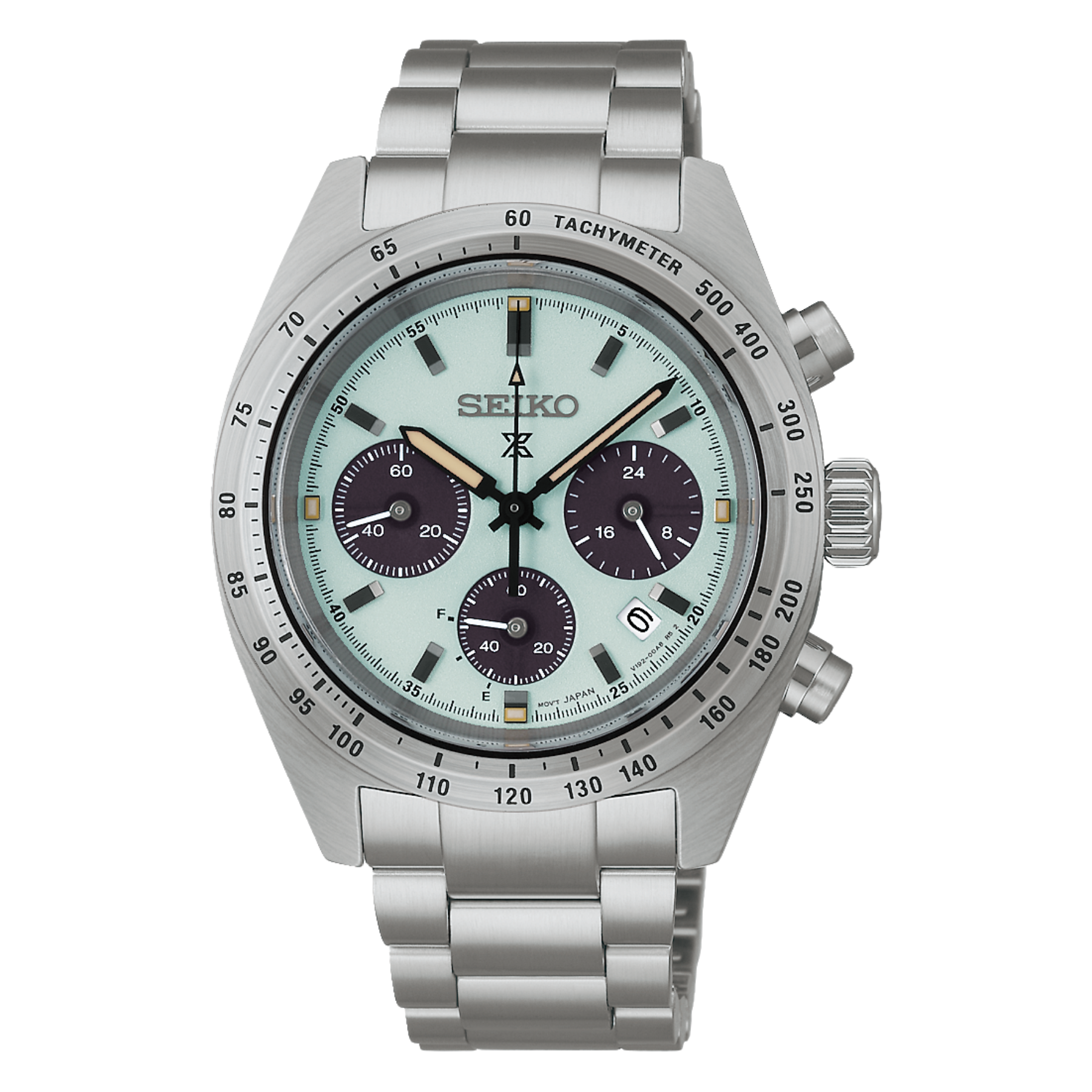 Silver Seiko watch with a detailed face on a white background