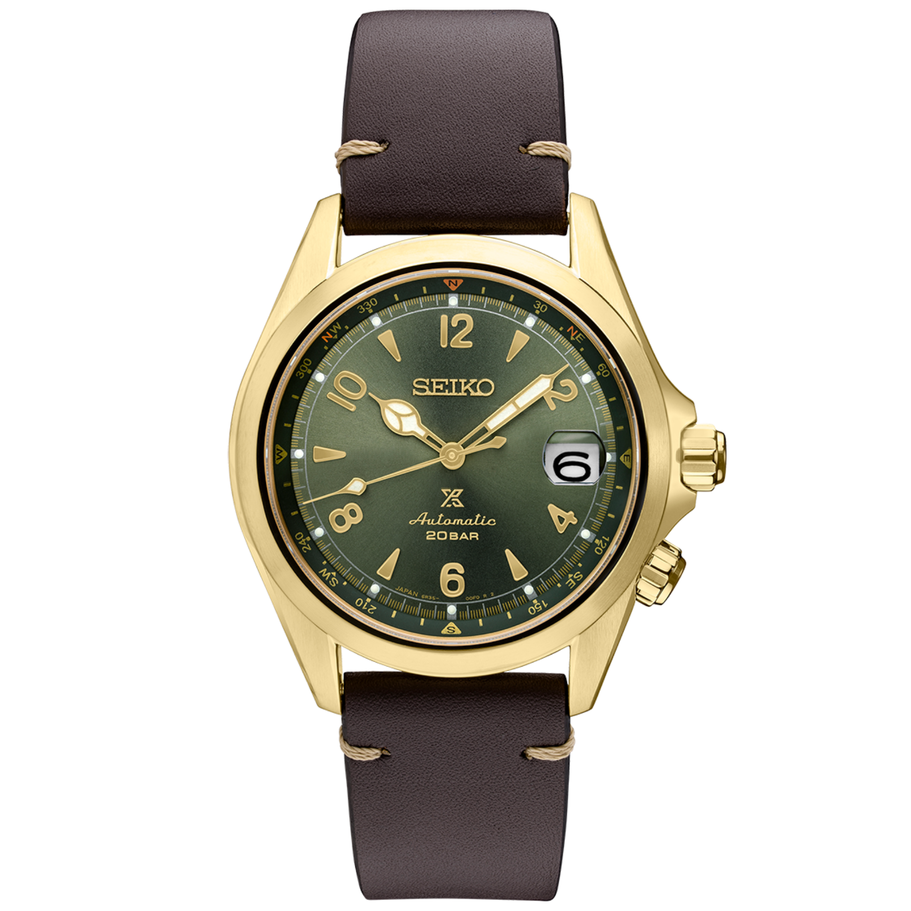 Seiko watch with green face and brown leather strap on white background