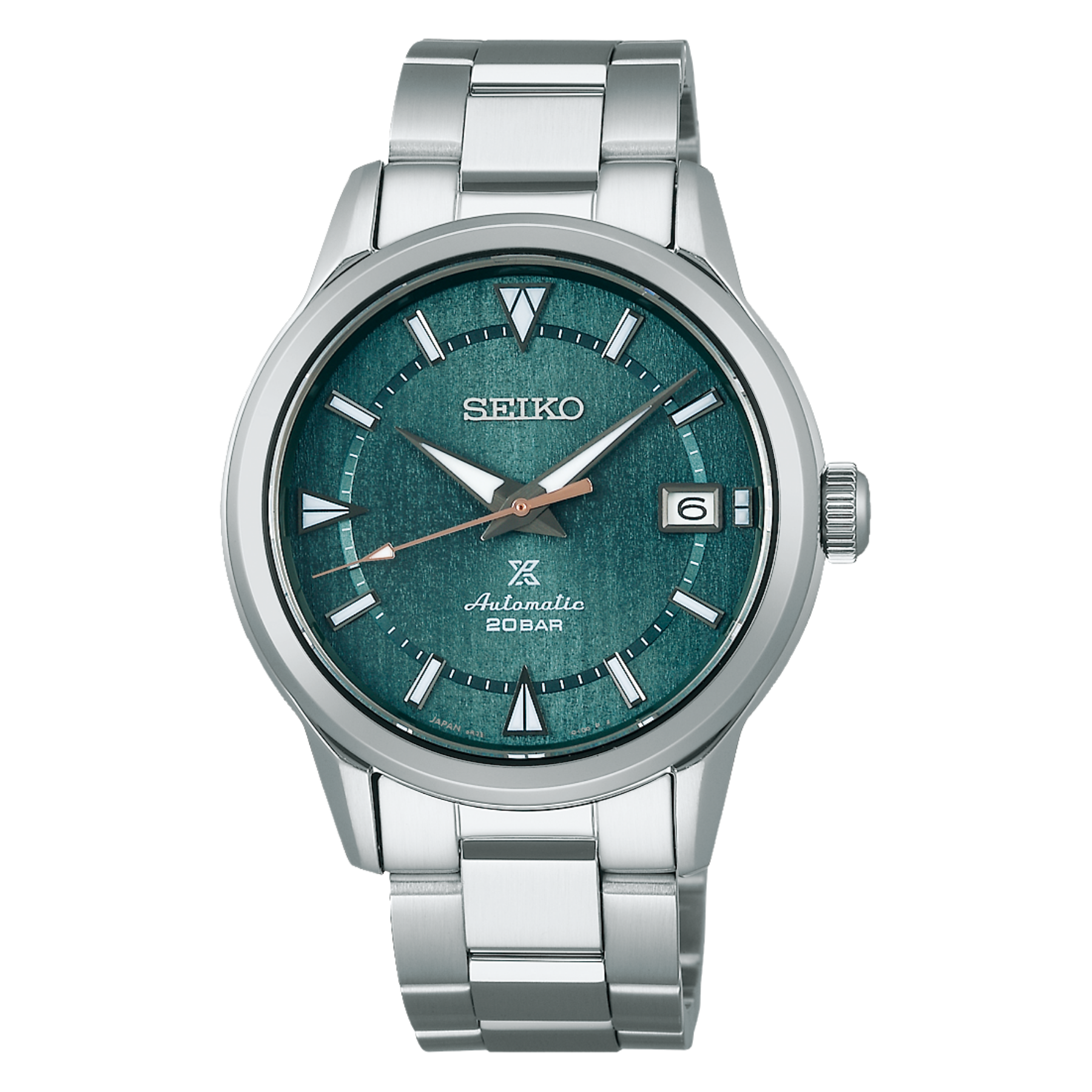 Seiko watch with silver bracelet and green dial on a white background