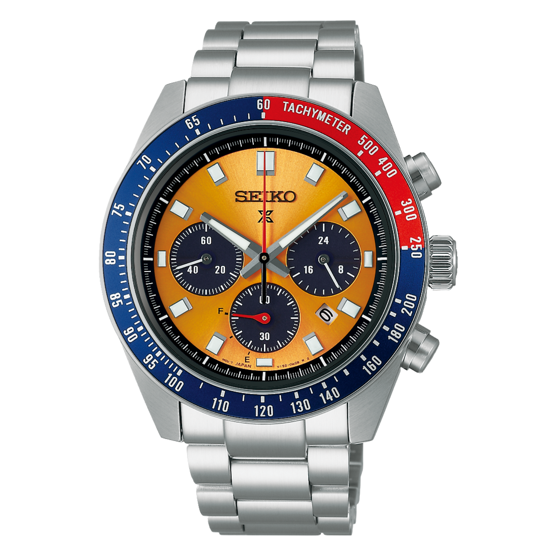 Seiko watch with a silver bracelet and orange and blue face on a white background