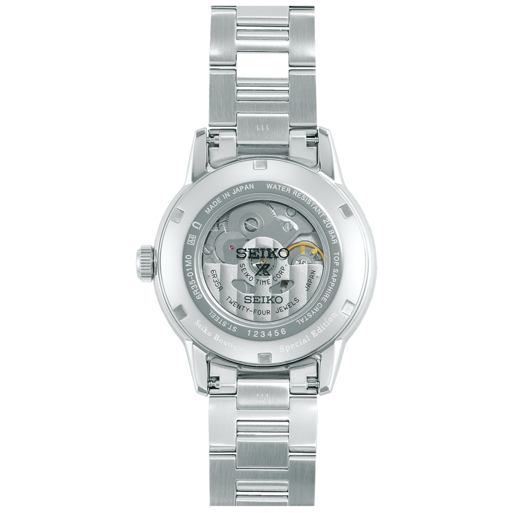 Silver Seiko watch with detailed face on a white background