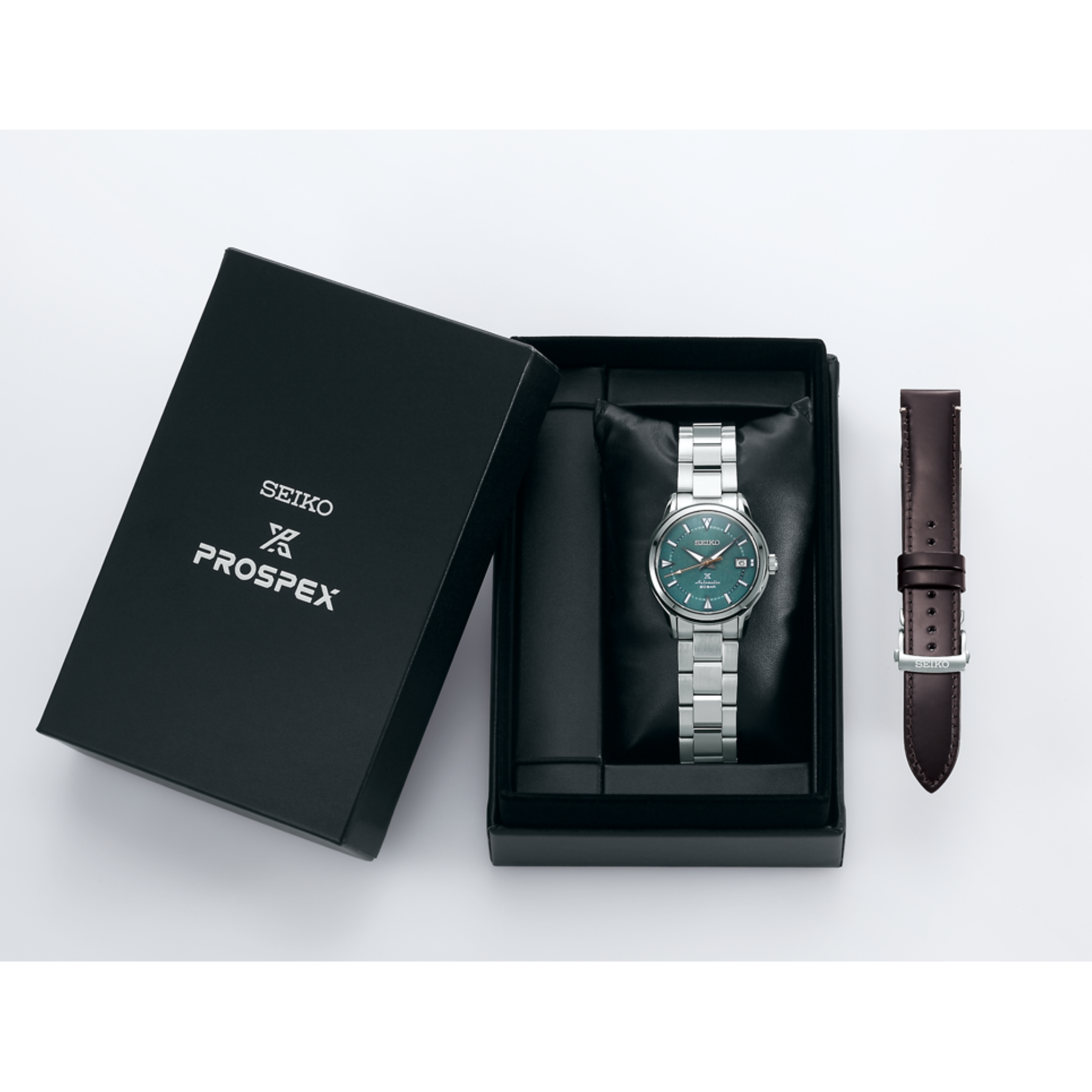 Seiko Prospex watch with brown strap on a white background