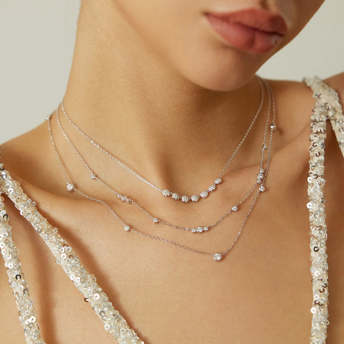 sterling silver station necklace on model