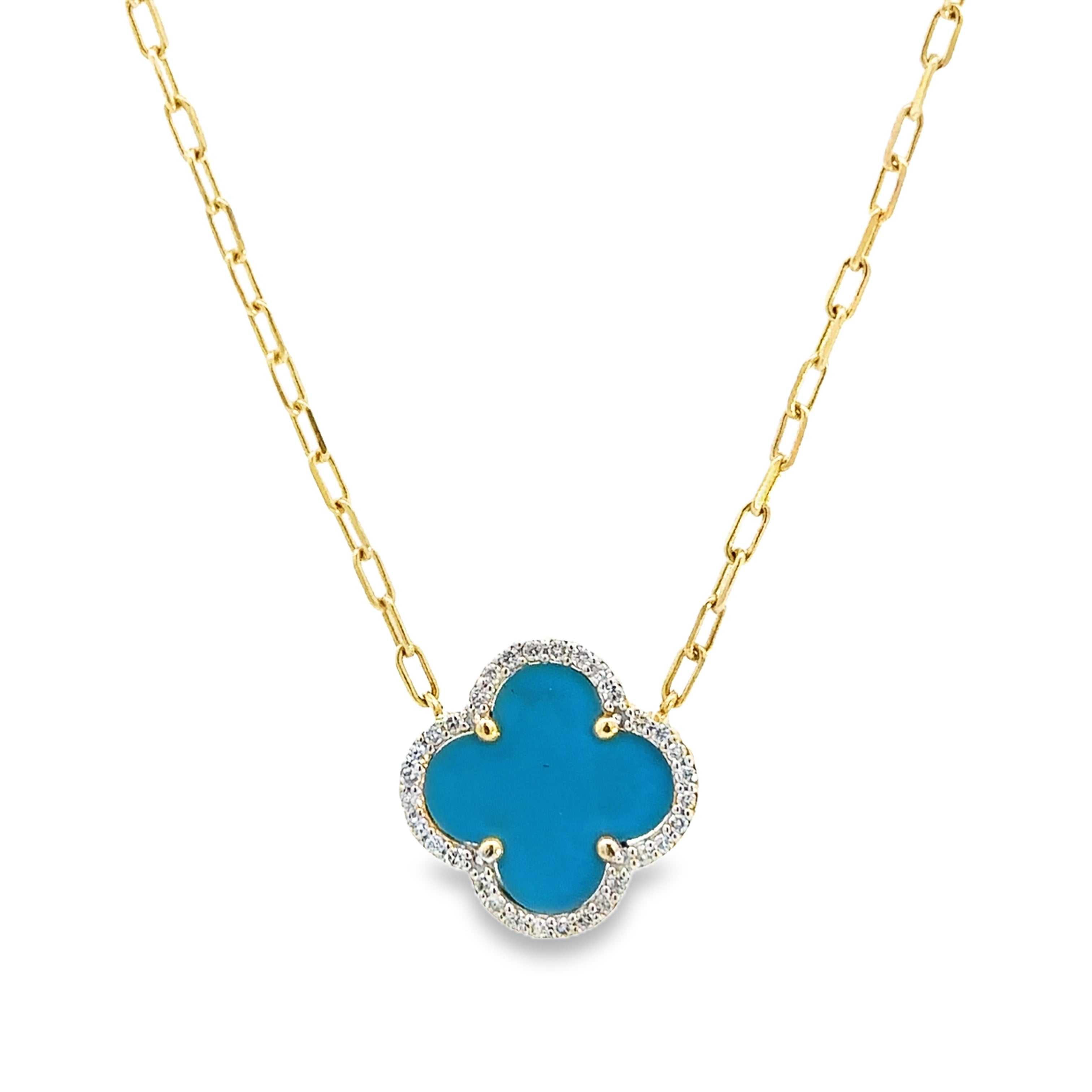 14K Yellow Gold Blue-Inlay Clover Diamond Halo Pendant Necklace