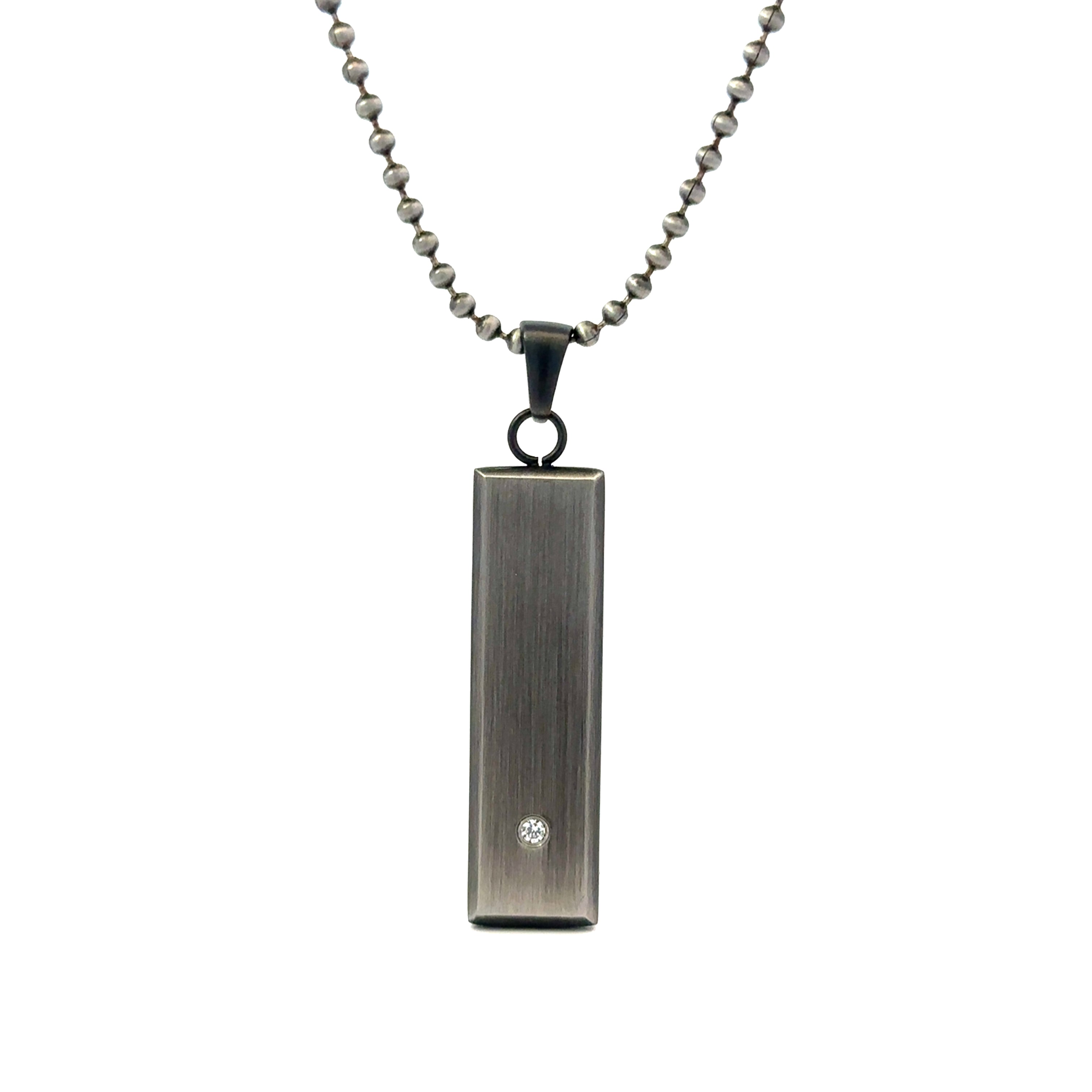 INOX Gun Metal Stainless Steel CZ Accented Drop Pendant with 20-21" Round Ball Chain