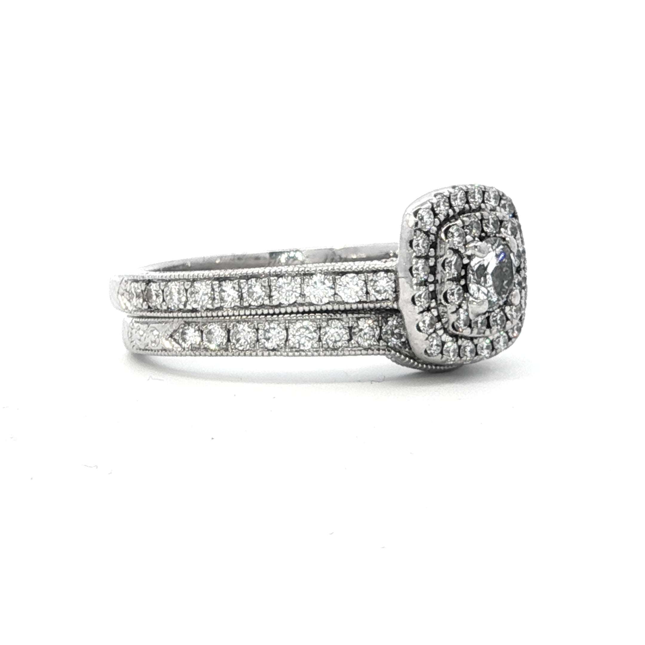 Estate Collection: 14K White Gold 1.07CTW. Neil Lane Cushion Double Halo Engagement Ring & Contoured Wedding Band Bridal Set