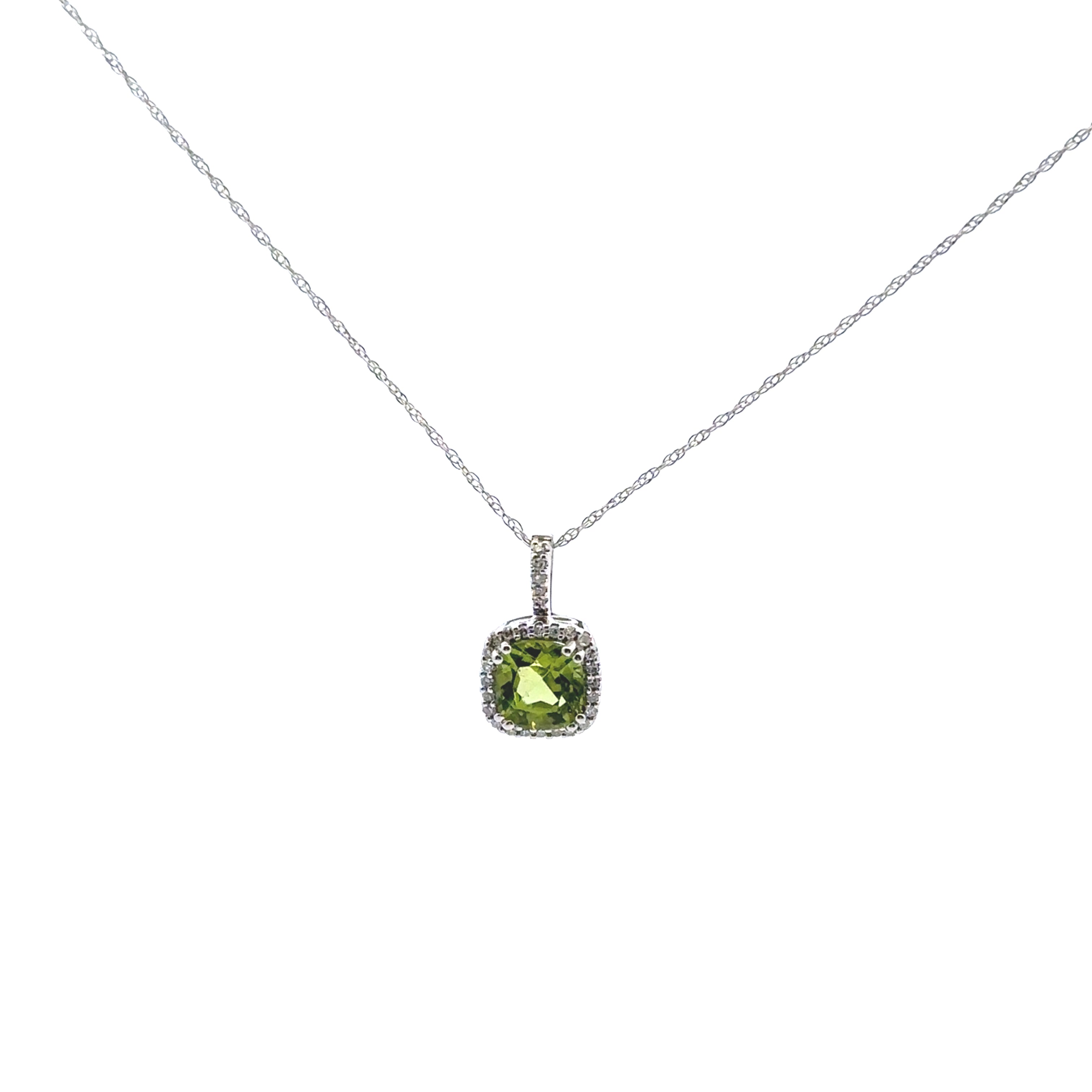 14K White Gold Peridot Cushion Cut Halo Accented 1/10 Ctw. Diamond Pendant Necklace