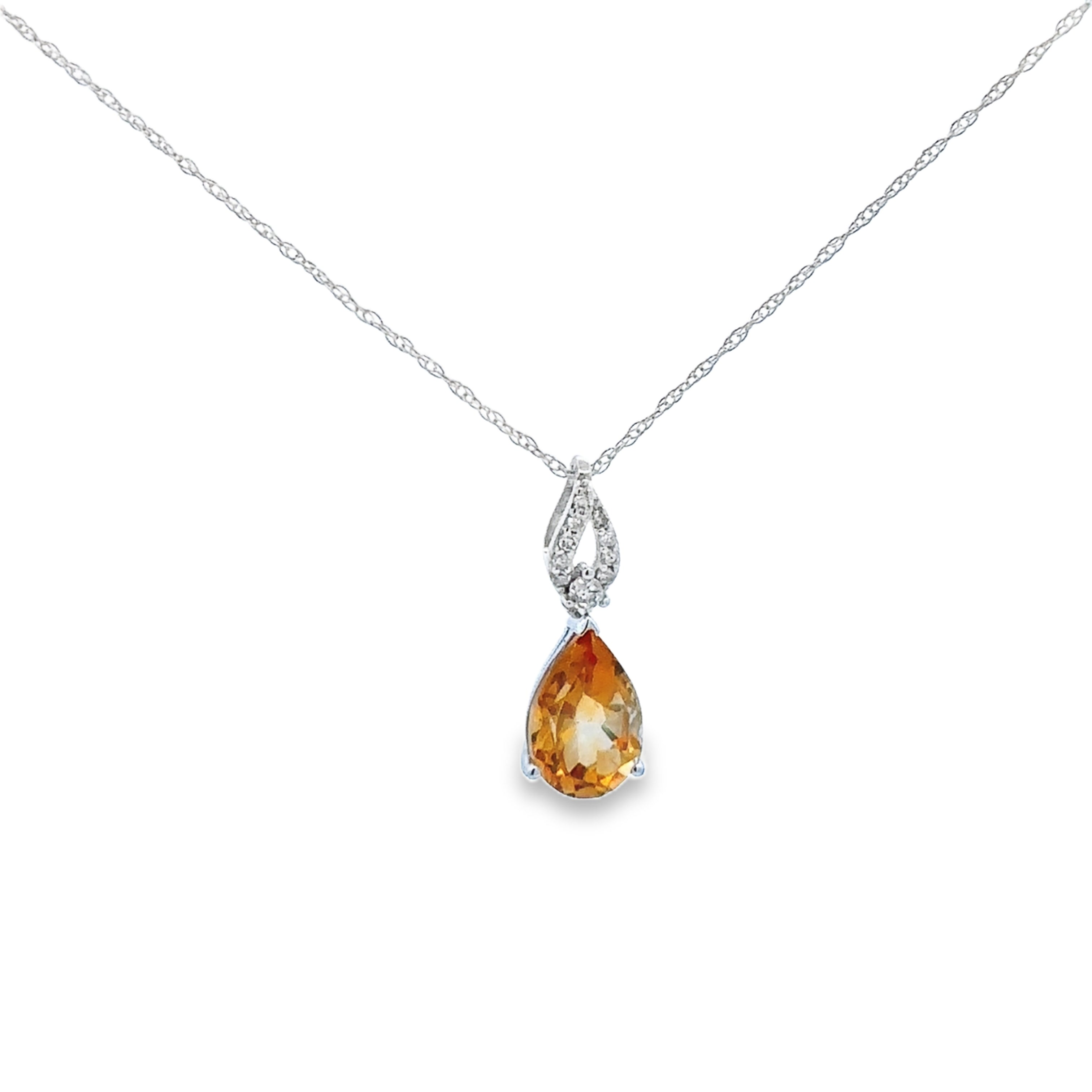 14K White Gold 1/20CT Diamond Accent With A Pear Citrine Pendant