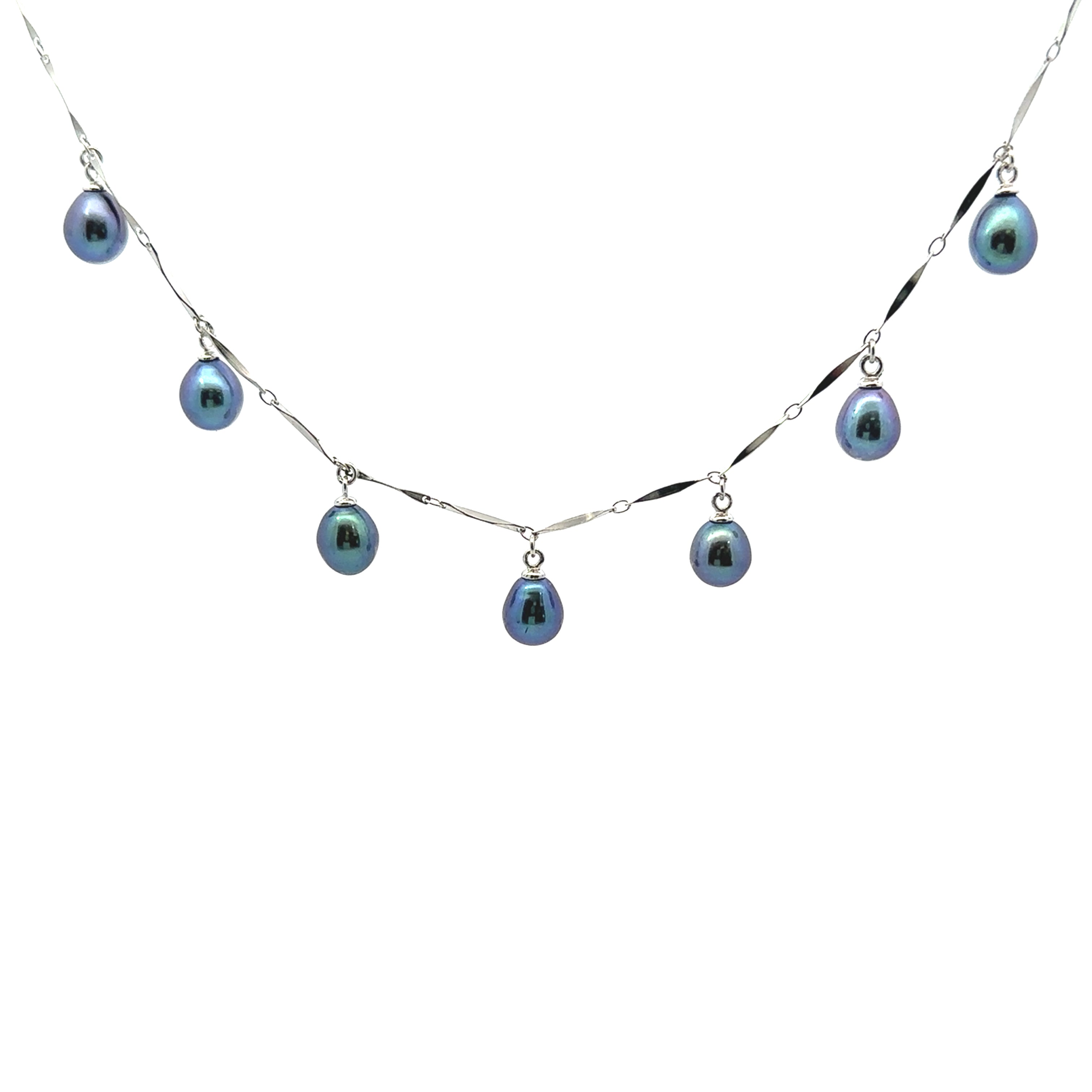 Sterling Silver Freshwater Black Pearl Dangle 18" Fancy Link Necklace