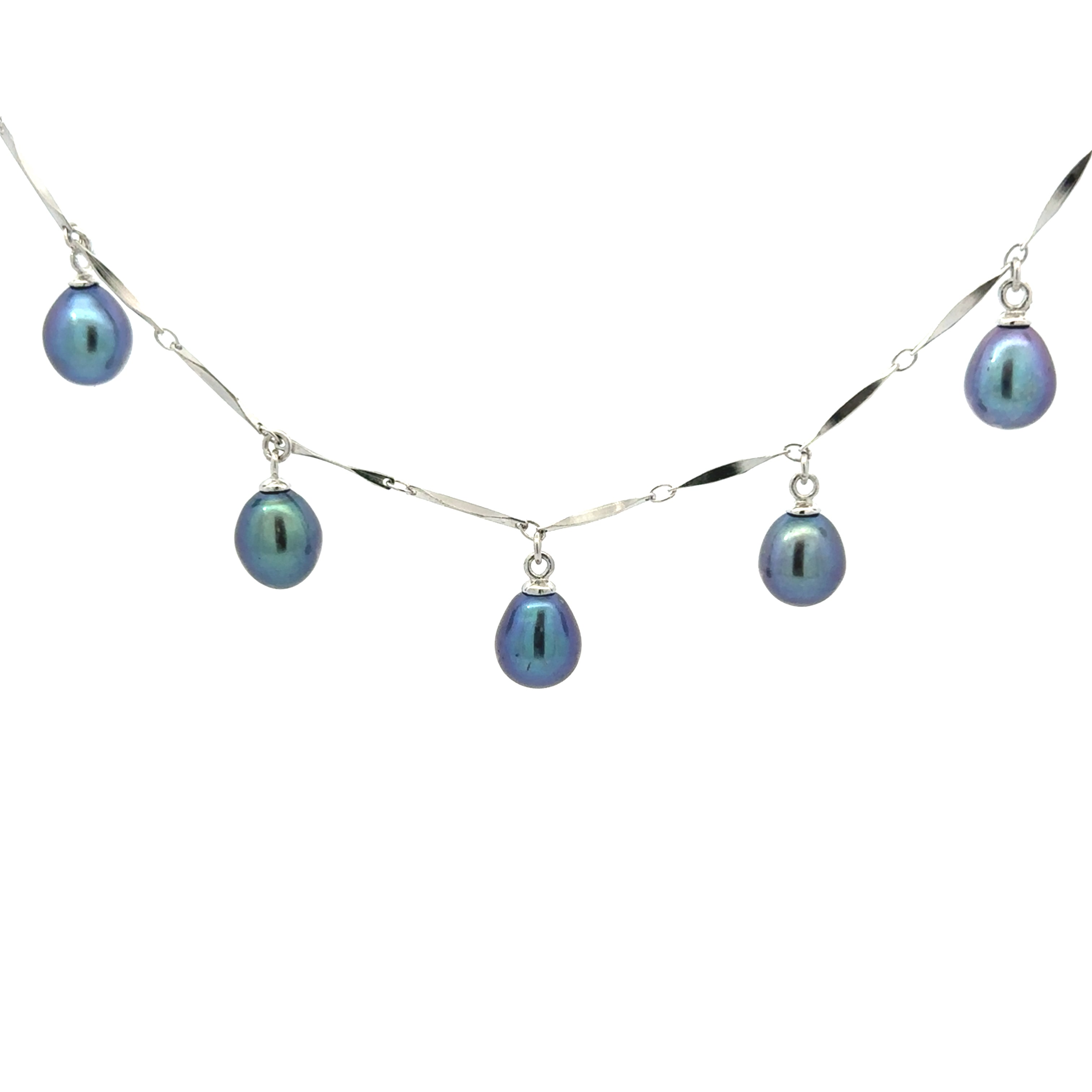 Sterling Silver Freshwater Black Pearl Dangle 18" Fancy Link Necklace