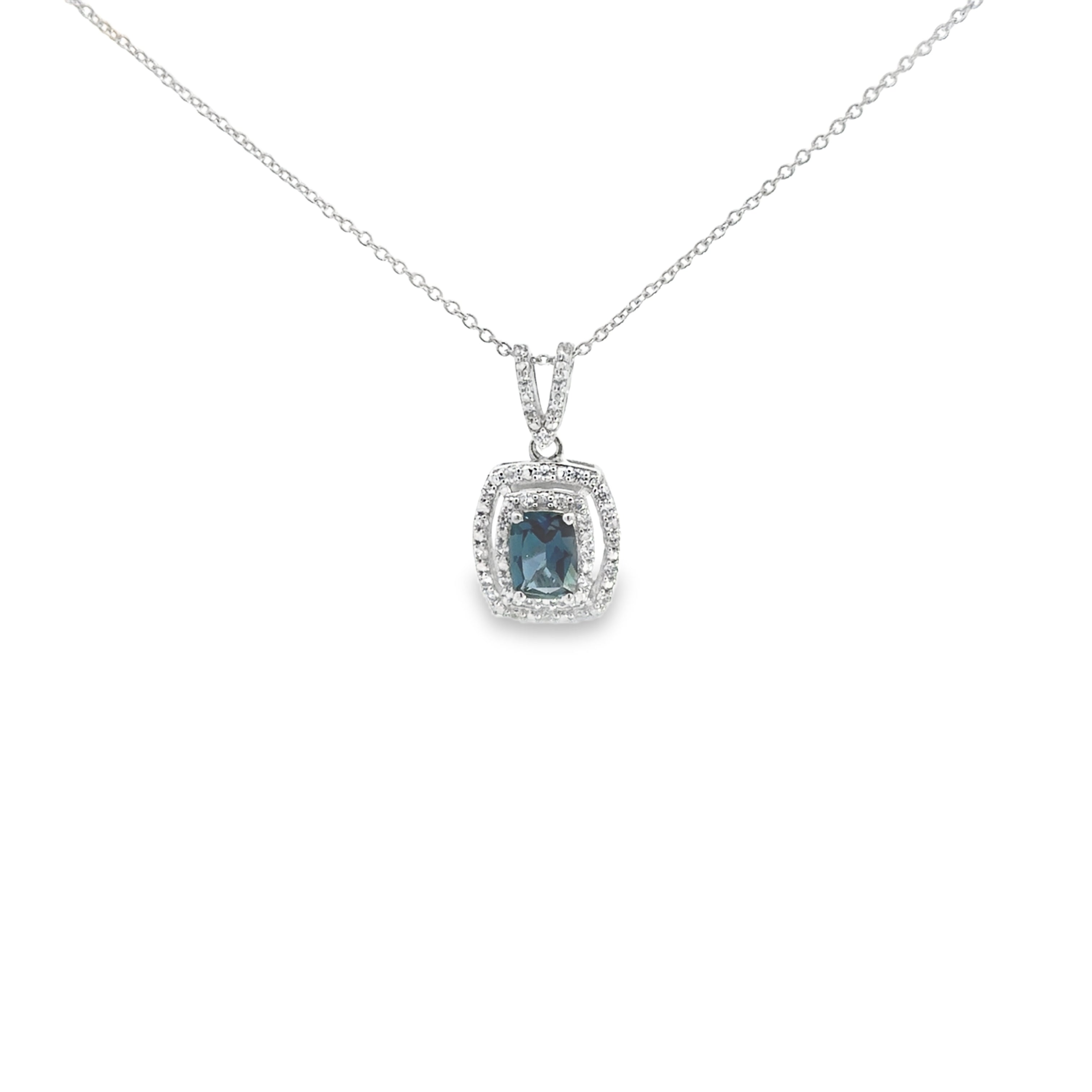 Sterling Silver London Blue Topaz and White Zircon Double Halo Pendant with 18" Cable Chain