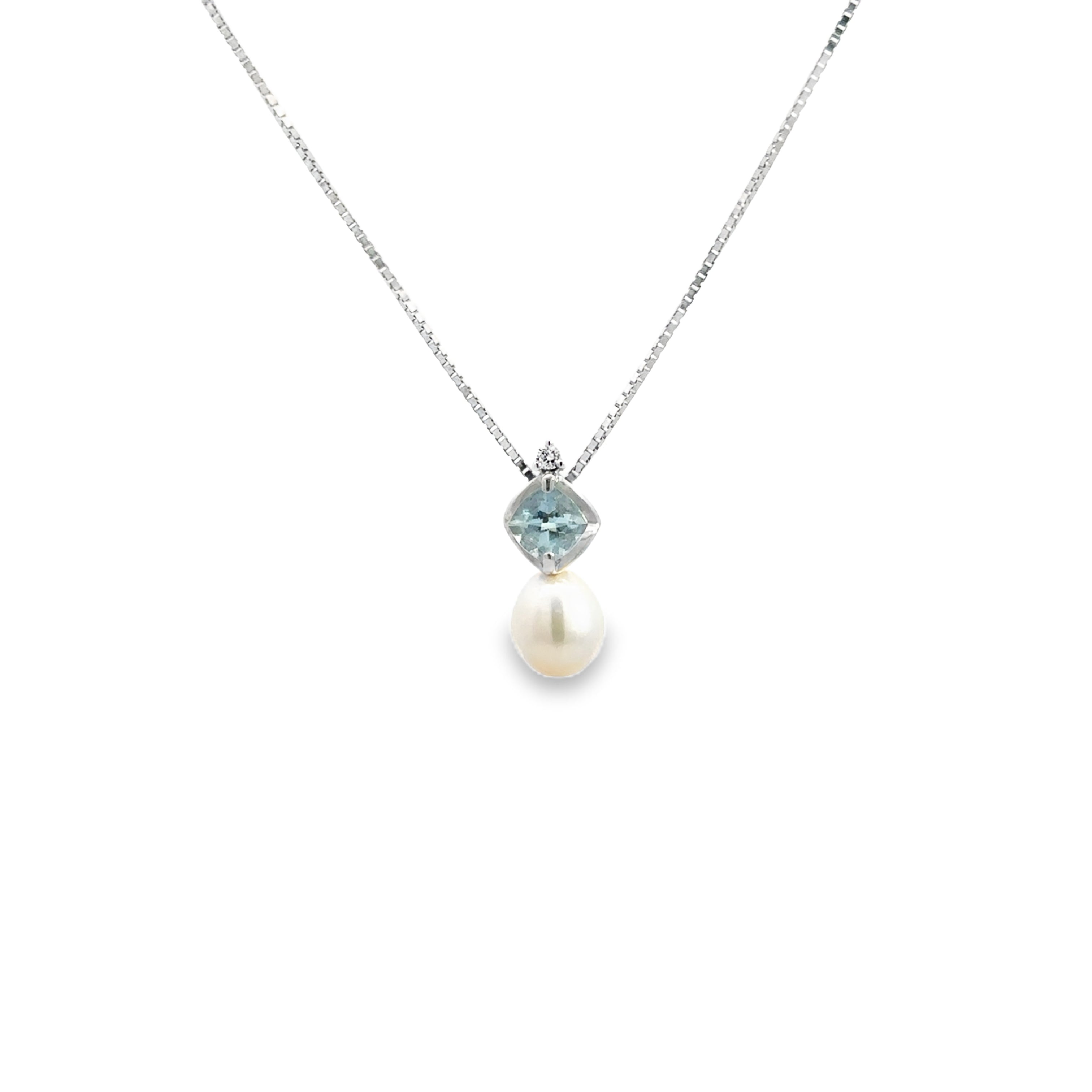 Estate Collection: 14K White Gold Diamond, Light Blue Gemstone, & Pearl Pendant Necklace on 10K White Gold Chain