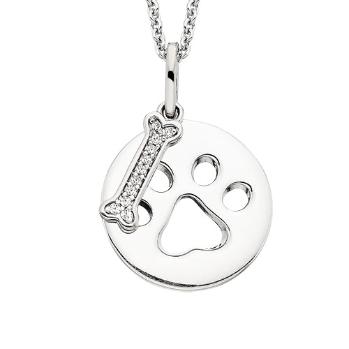 Sterling Silver Cut Out Paw Print Disc and Dog Bone Pendant Necklace