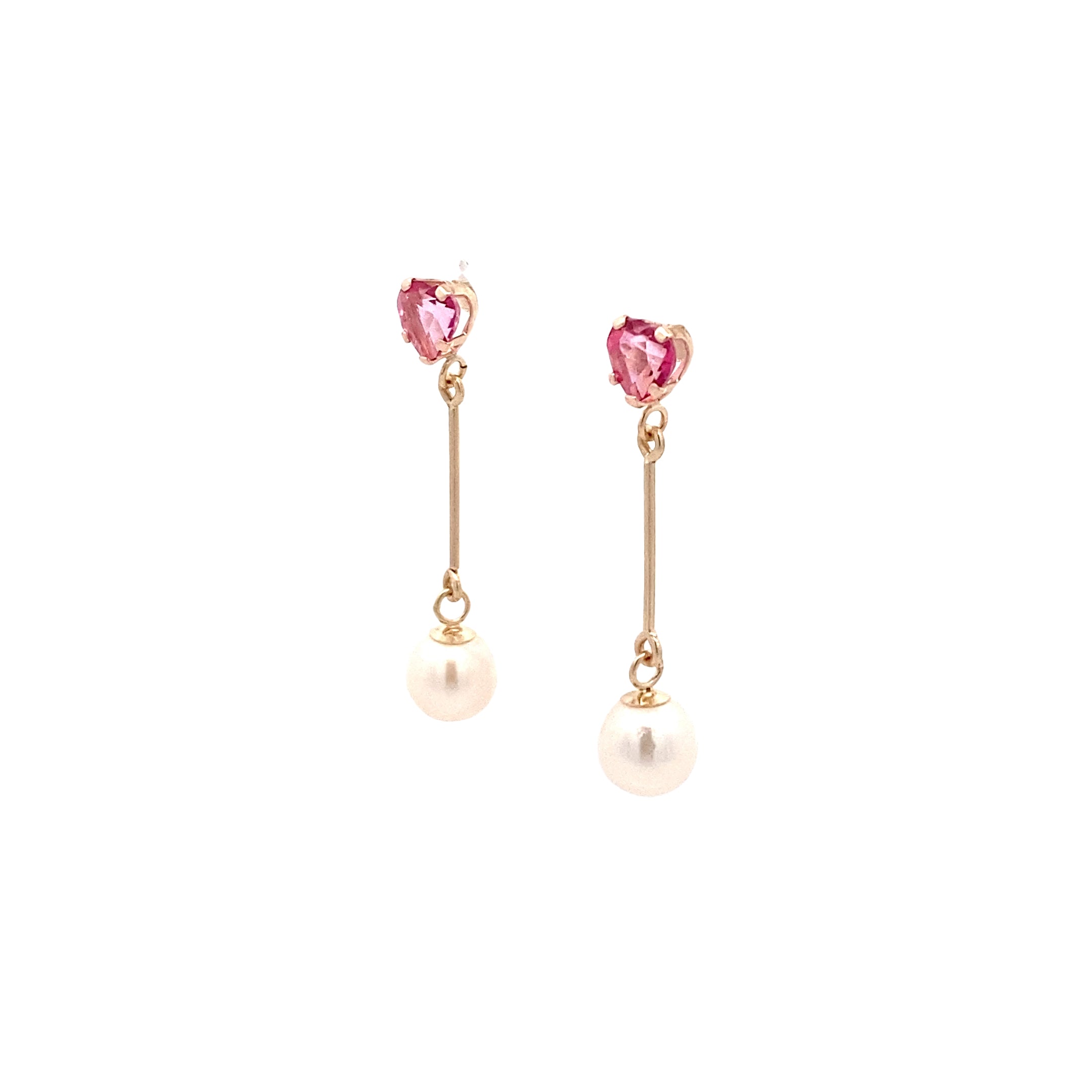 14K Yellow Gold Heart Pink Topaz and Pearl Dangle Stud Earrings