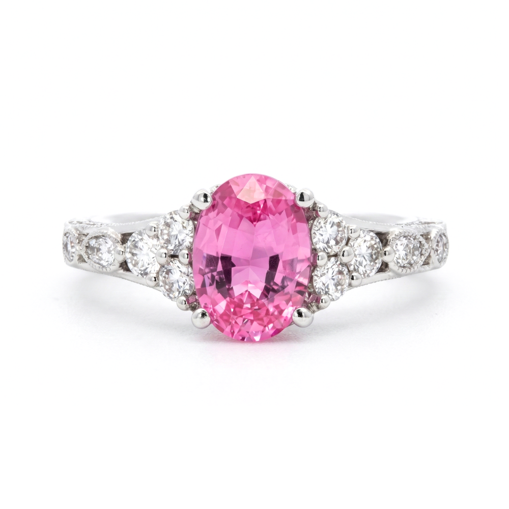18K White Gold 1.42CT. Oval Pink Sapphire and 0.58CTW. Diamond Accented Ring