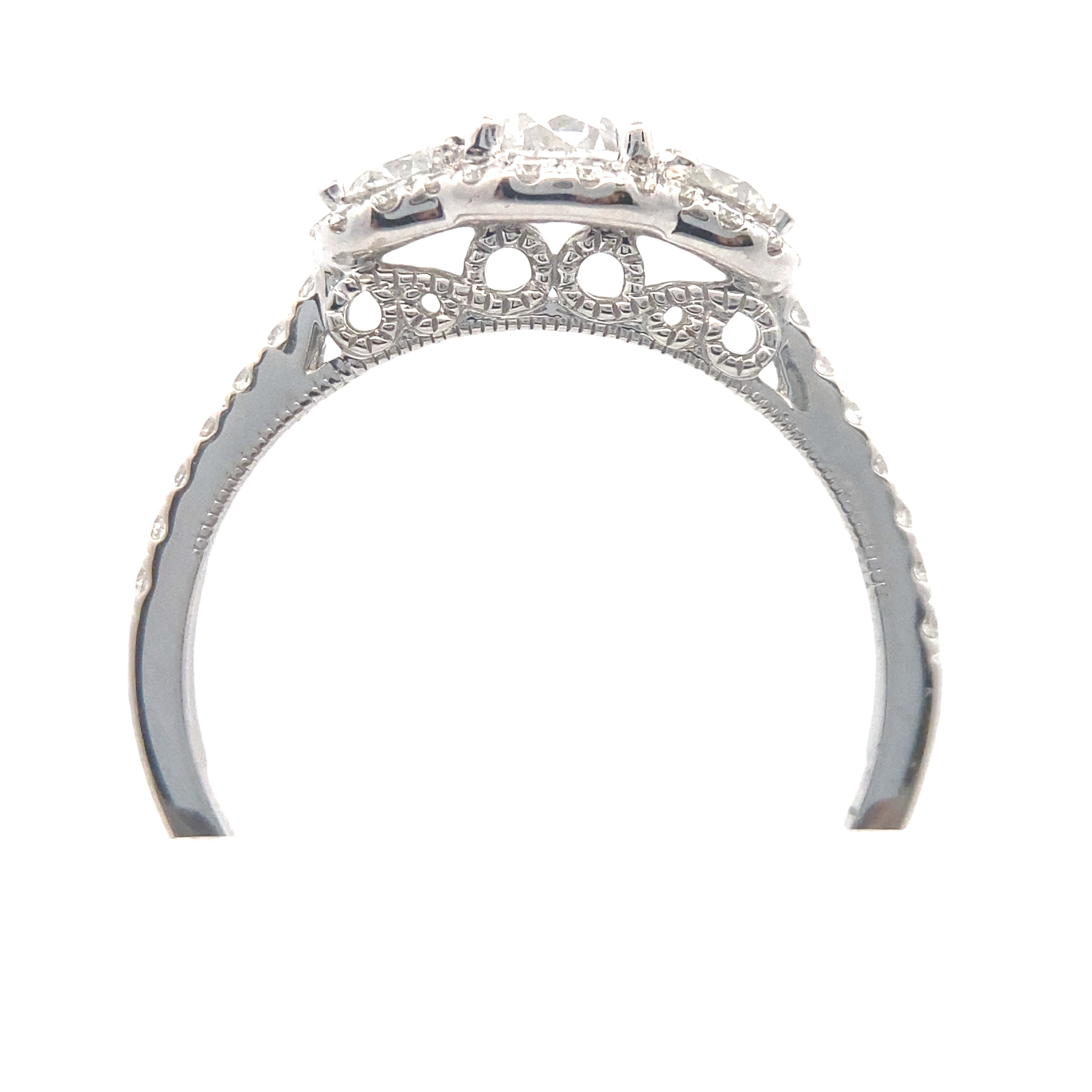 Open Side View of 14K White Gold 1CTW. Diamond Three-Stone Halo Engagment Ring