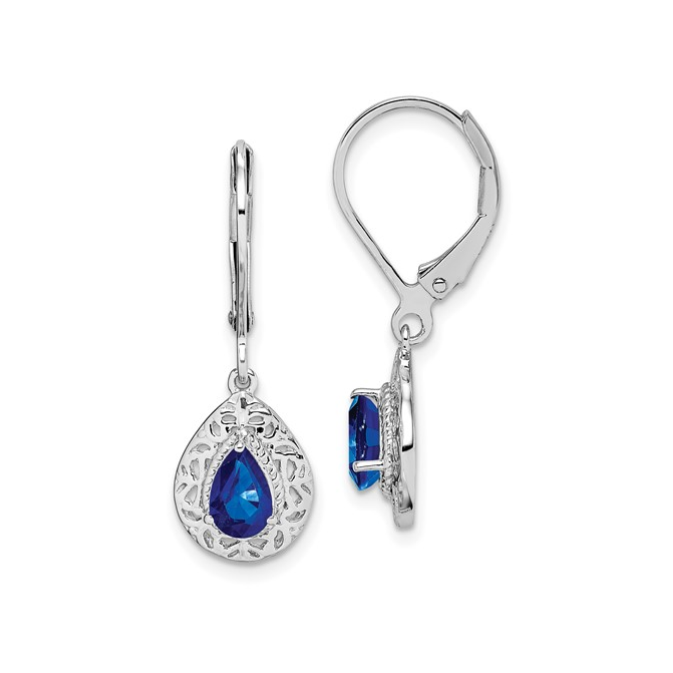Sterling Silver Pear-Cut Sapphire Filigree Drop Earrings