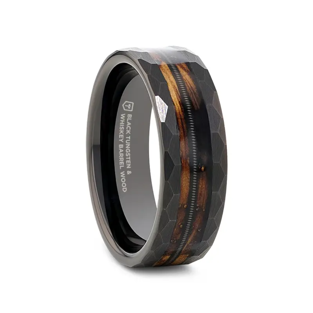 "RIFF" Black Tungsten 8MM Ring with Charred Whiskey Barrel and Guitar String