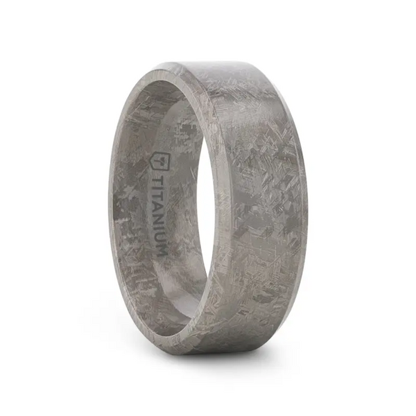 "ASTRAIOS" Flat Titanium Ring with Beveled Edges and Meteorite Pattern 8MM Wedding Band