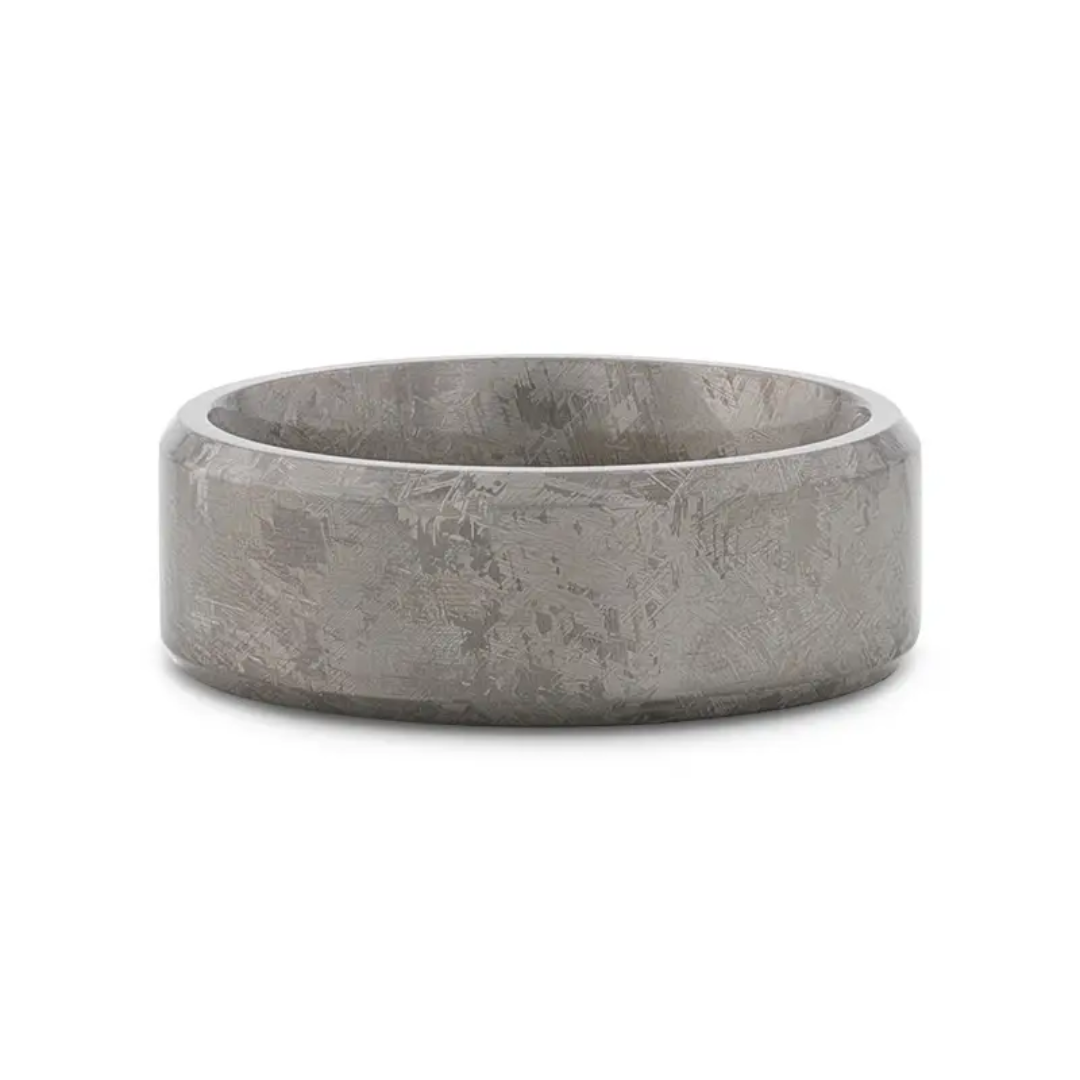 "ASTRAIOS" Flat Titanium Ring with Beveled Edges and Meteorite Pattern 8MM Wedding Band