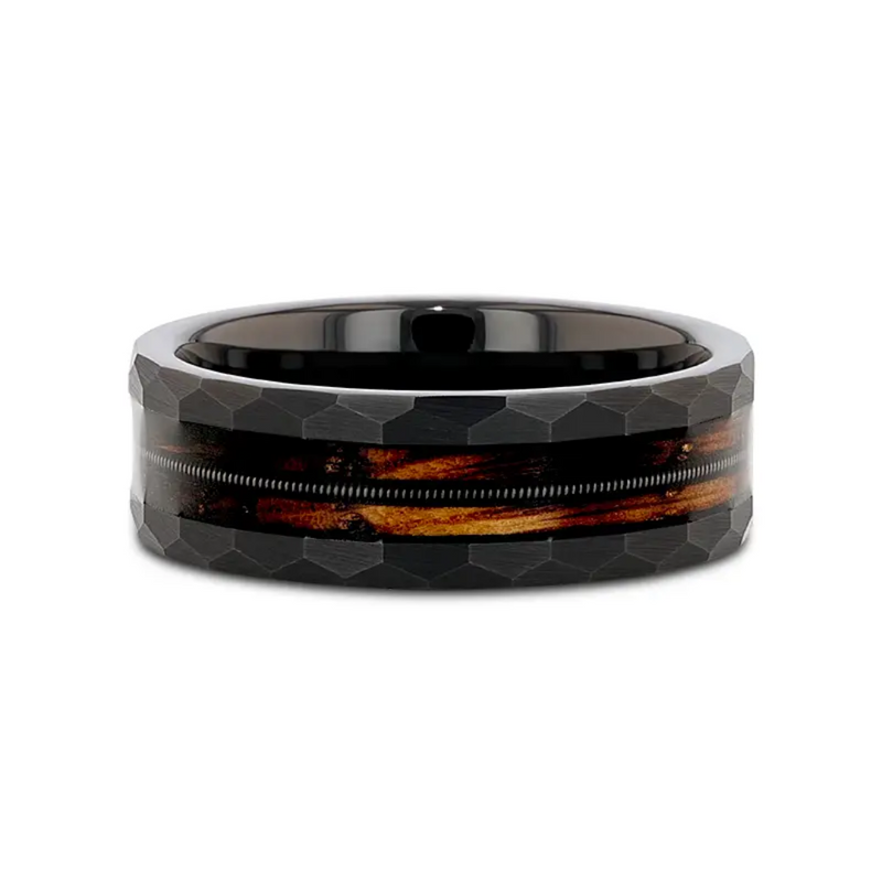"RIFF" Black Tungsten 8MM Ring with Charred Whiskey Barrel and Guitar String