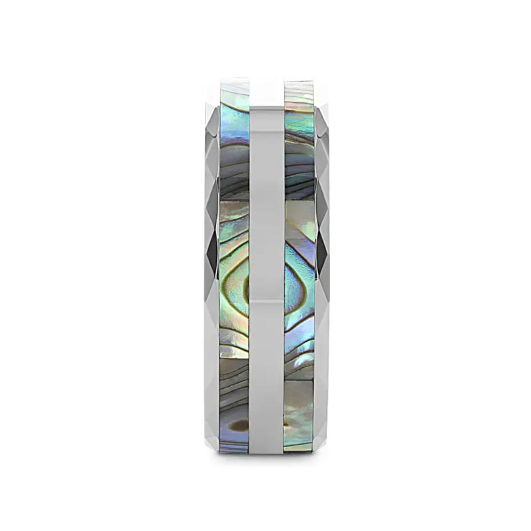 "PAUA" Double Abalone Shell Inlay Faceted 8MM Tungsten Ring With Beveled Polished Edges