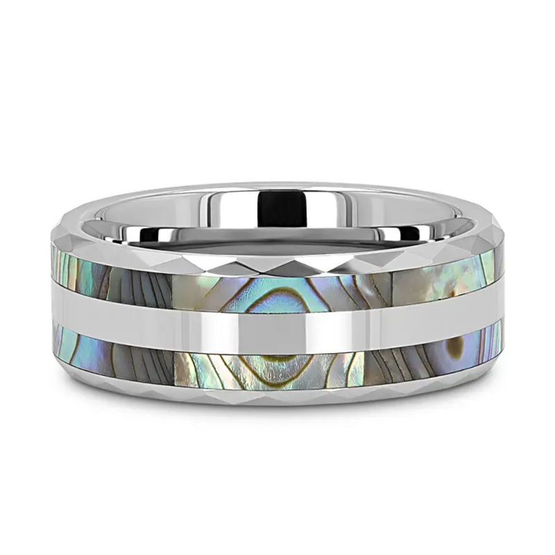 "PAUA" Double Abalone Shell Inlay Faceted 8MM Tungsten Ring With Beveled Polished Edges