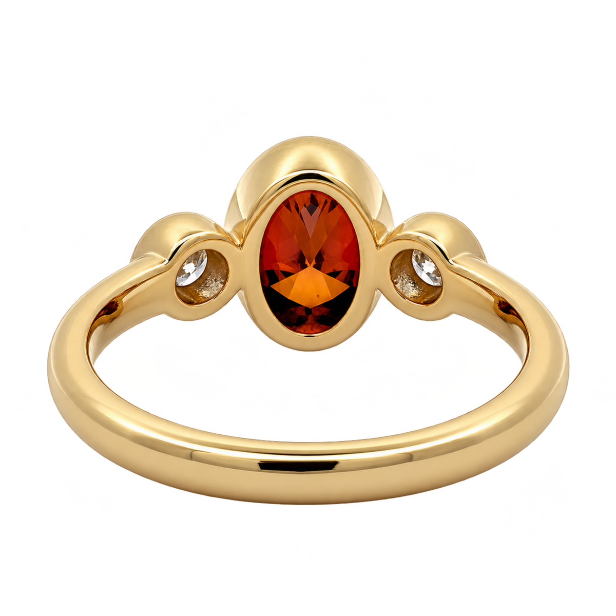 Rear view of RAHVW4-A 14K yellow gold three-stone ring, showing the oval reddish-orange lab-grown diamond, open bezel backs, and smooth band.