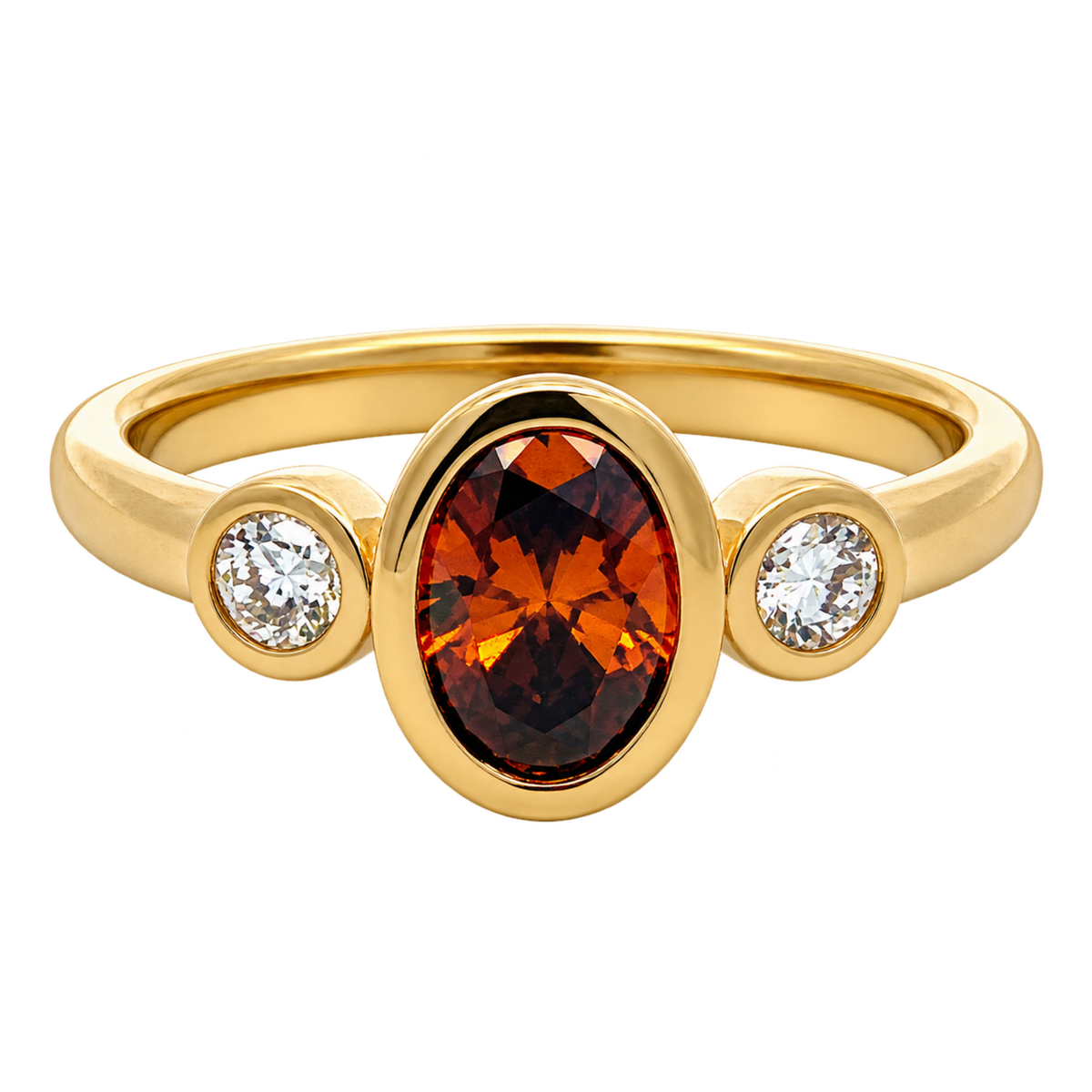 Front view of RAHVW4-A 14K yellow gold three-stone ring with a 1 carat oval reddish-orange lab-grown diamond and two round white lab-grown diamonds in bezel settings.