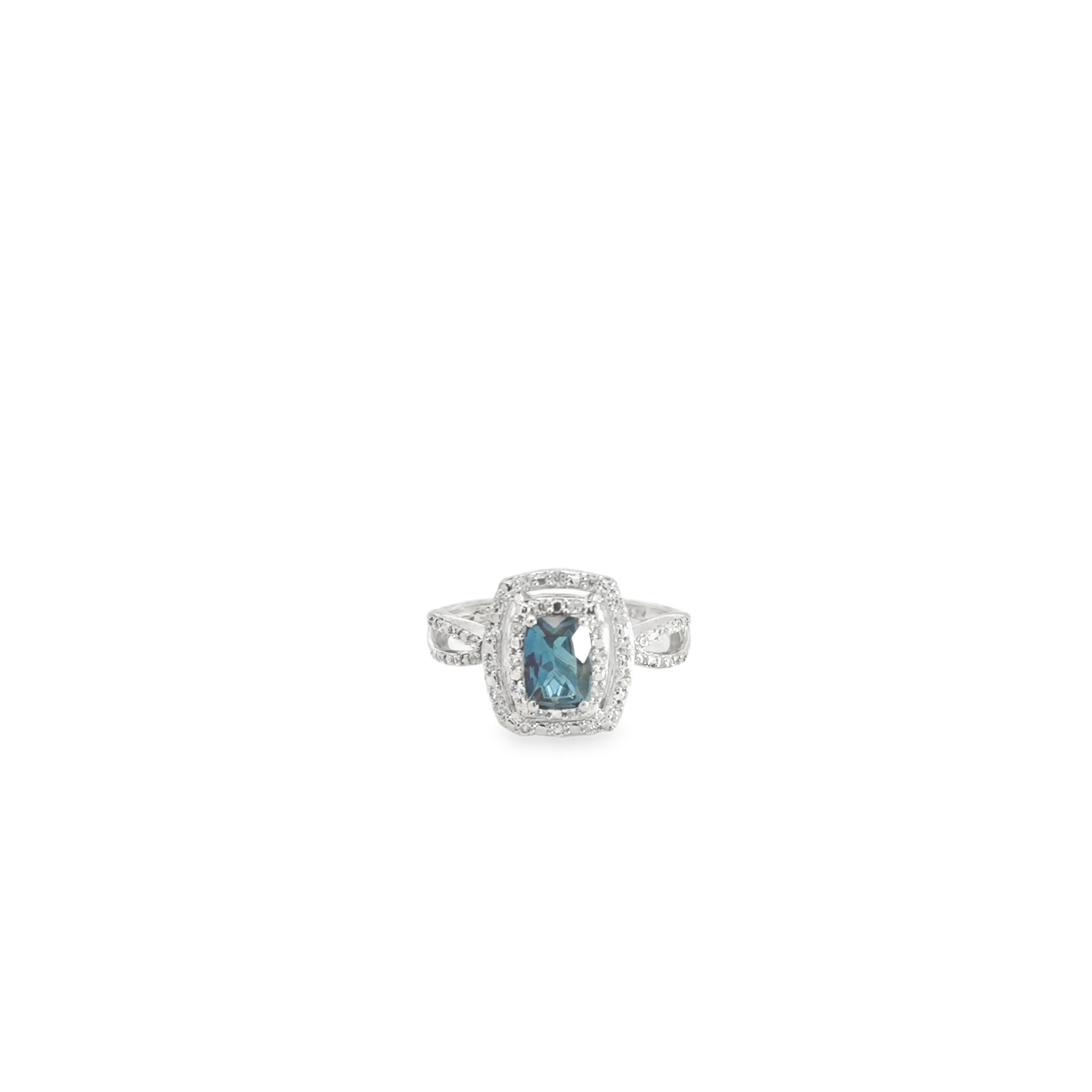 Sterling Silver London Blue Topaz and White Zircon Double Halo Split Shank Fashion Ring
