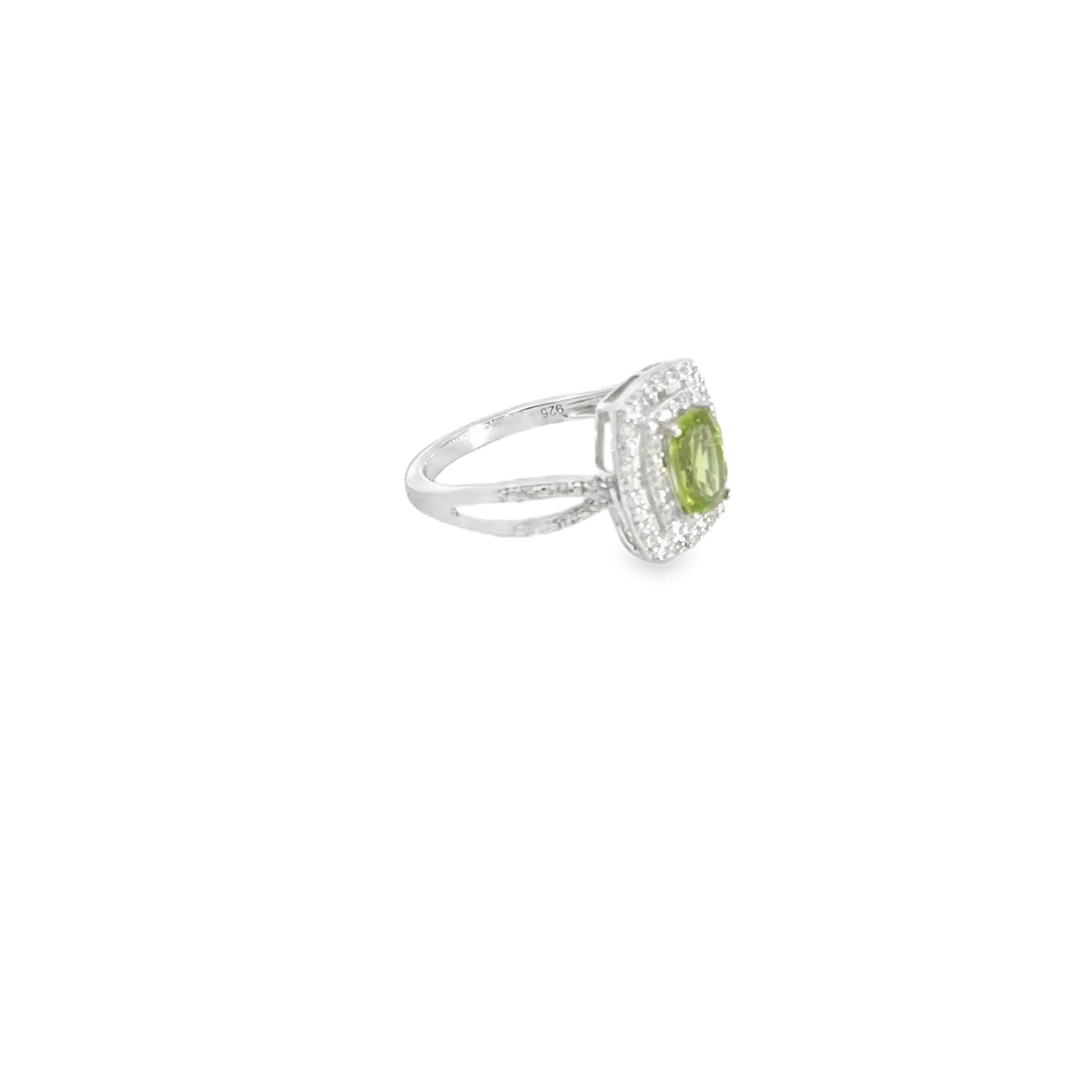 Sterling Silver Peridot and White Zircon Double Halo Split Shank Fashion Ring