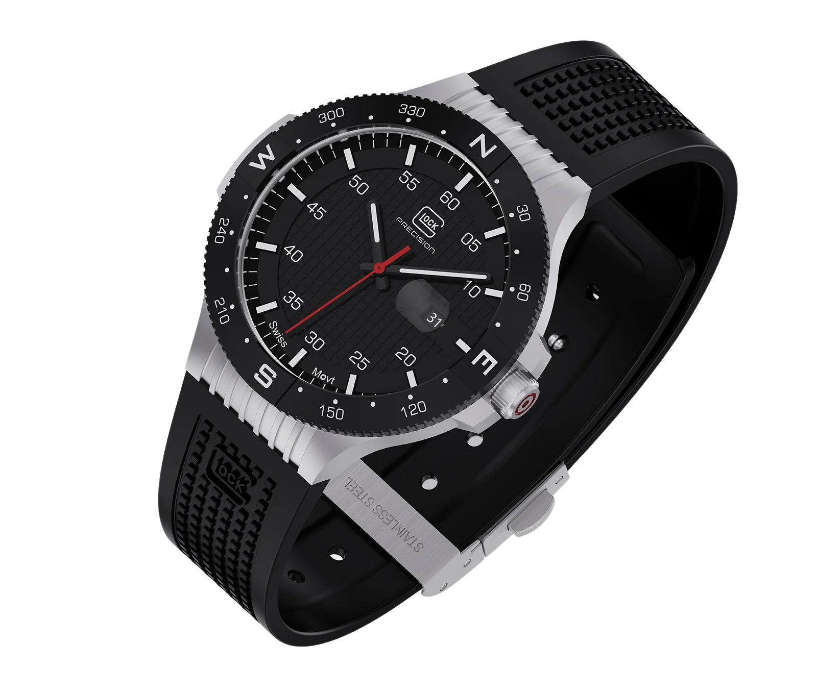 GLOCK Stainless Steel Black Silicone Watch