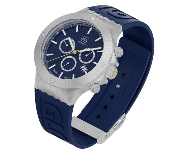 Stainless Steel Glock Watch With Blue Silicone Strap