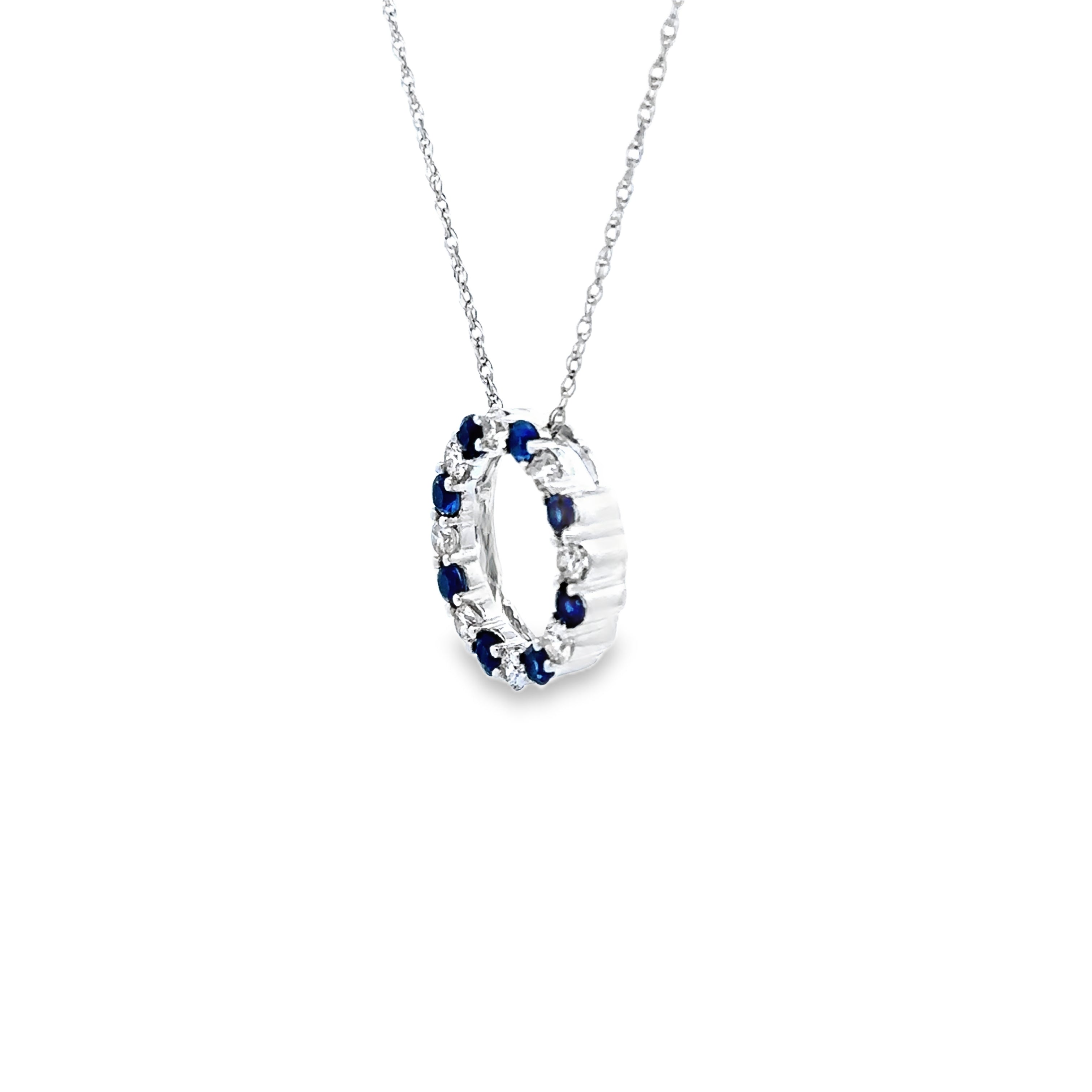 14K White Gold Sapphire & Diamond Open Circle Slide Pendant Necklace