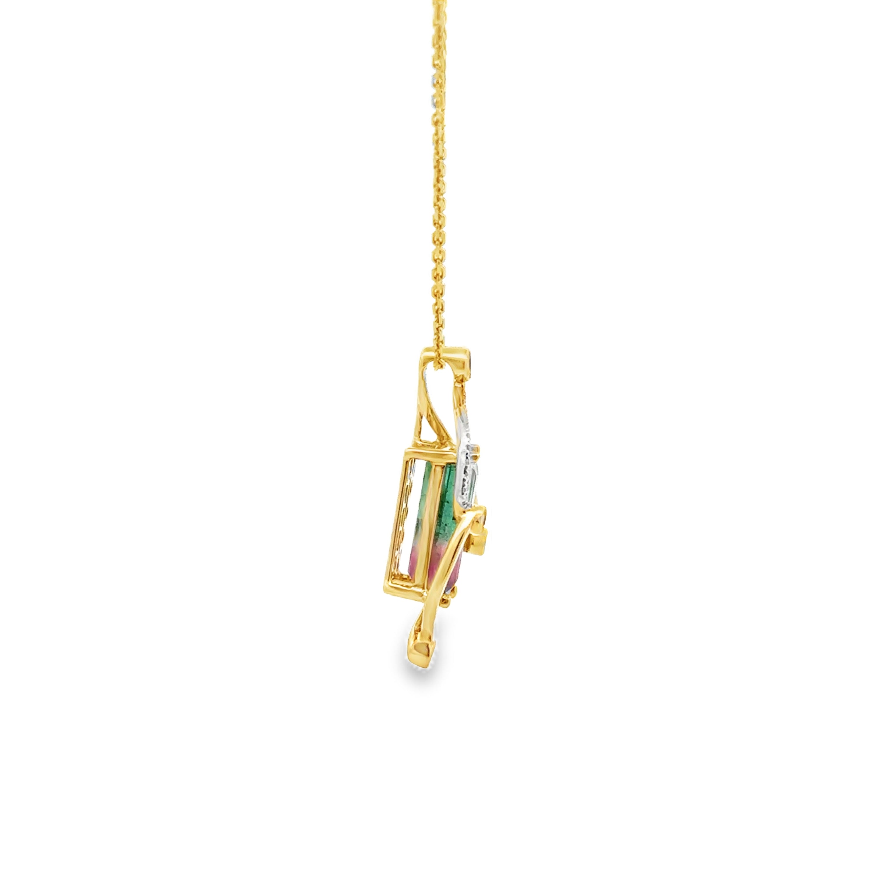 14K Yellow Gold 2.72CT. Watermelon Tourmaline and 0.14CTW. Diamond Pendant Necklace