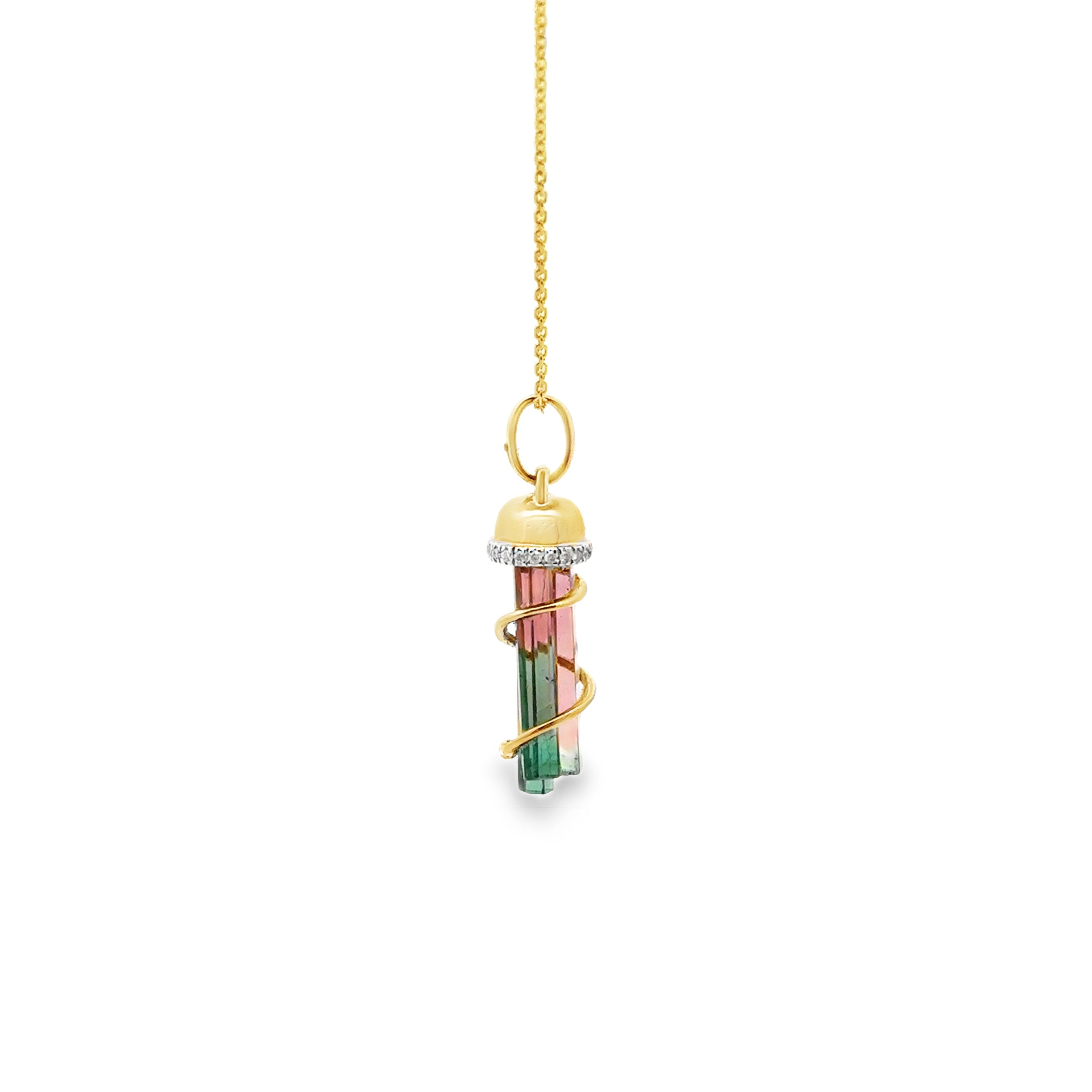 14K Yellow Gold 1.55CTW. Watermelon Tourmaline & 0.05CTW. Diamond Tornado Pendant Necklace