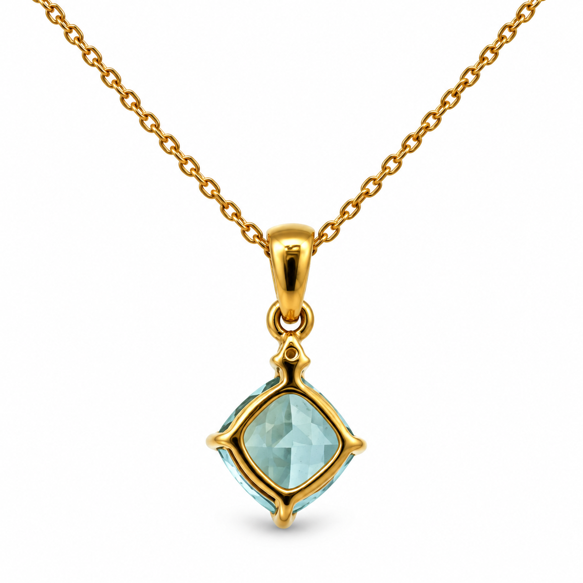 Back view of 14K yellow gold aquamarine and diamond pendant necklace with an 18-inch chain on a white background