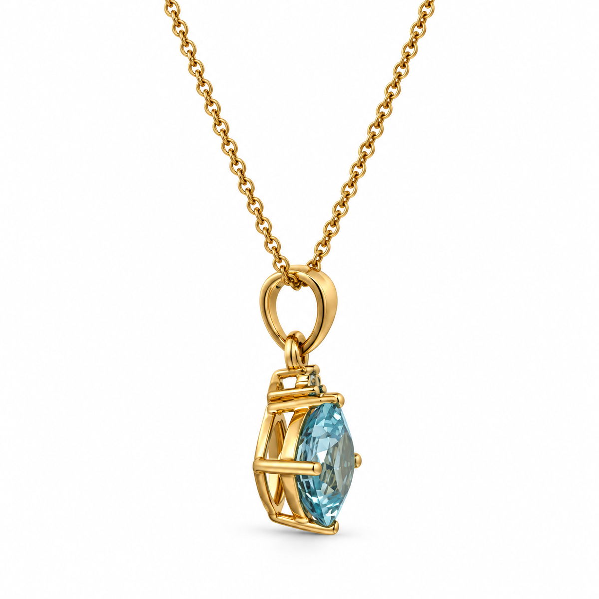 Side view of 14K yellow gold aquamarine and diamond pendant necklace with an 18-inch chain on a white background