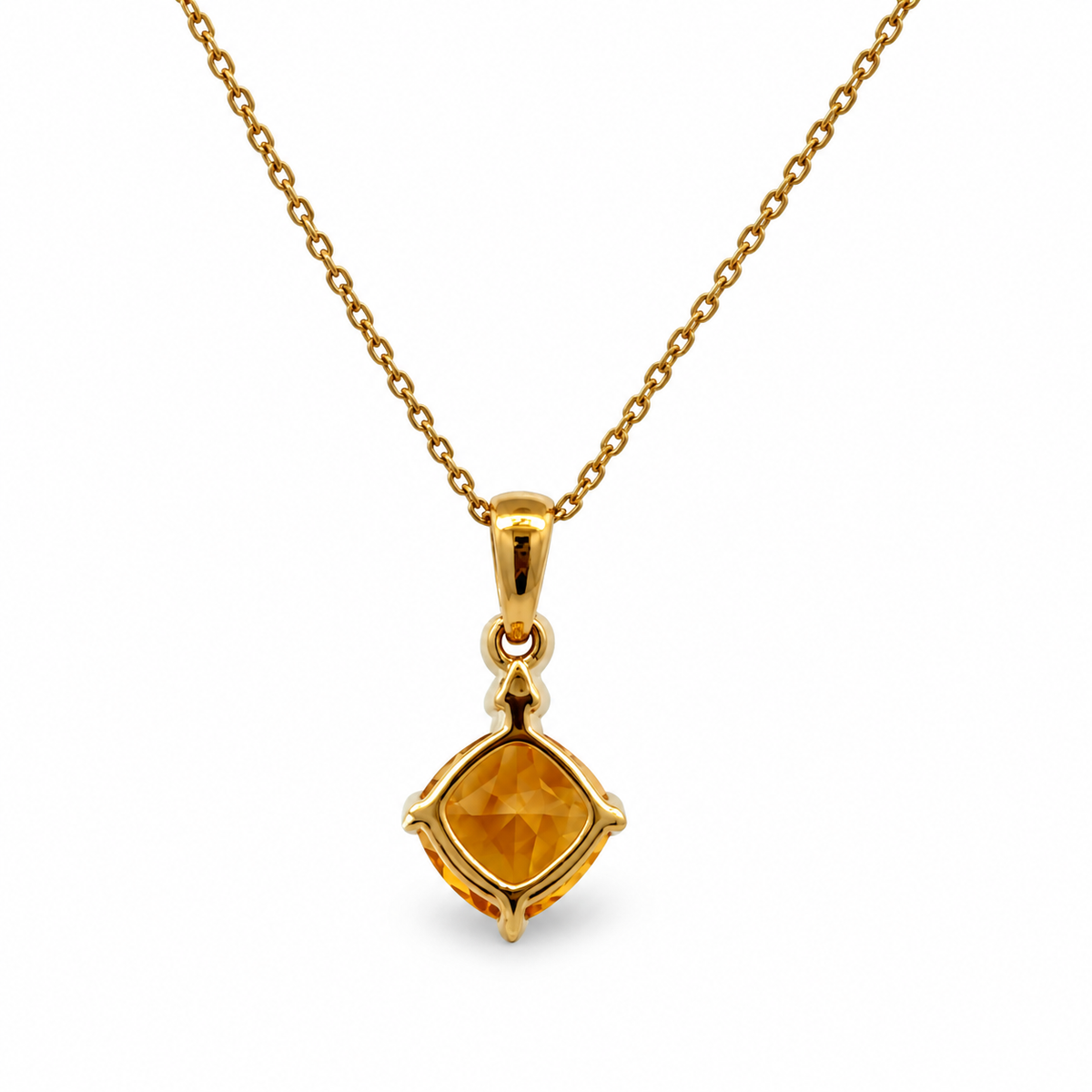 Back view of 14K yellow gold 1.00CT. citrine and 0.01CT. diamond pendant necklace.