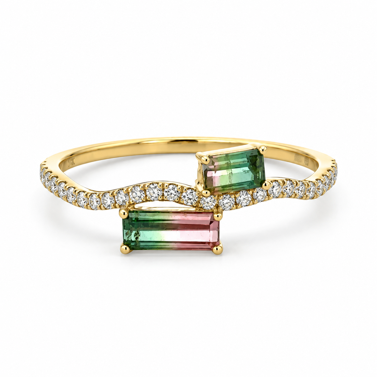 Front view of a 14K yellow gold two-stone watermelon tourmaline ring with pink-green rectangular gemstones and a curved diamond-accented band